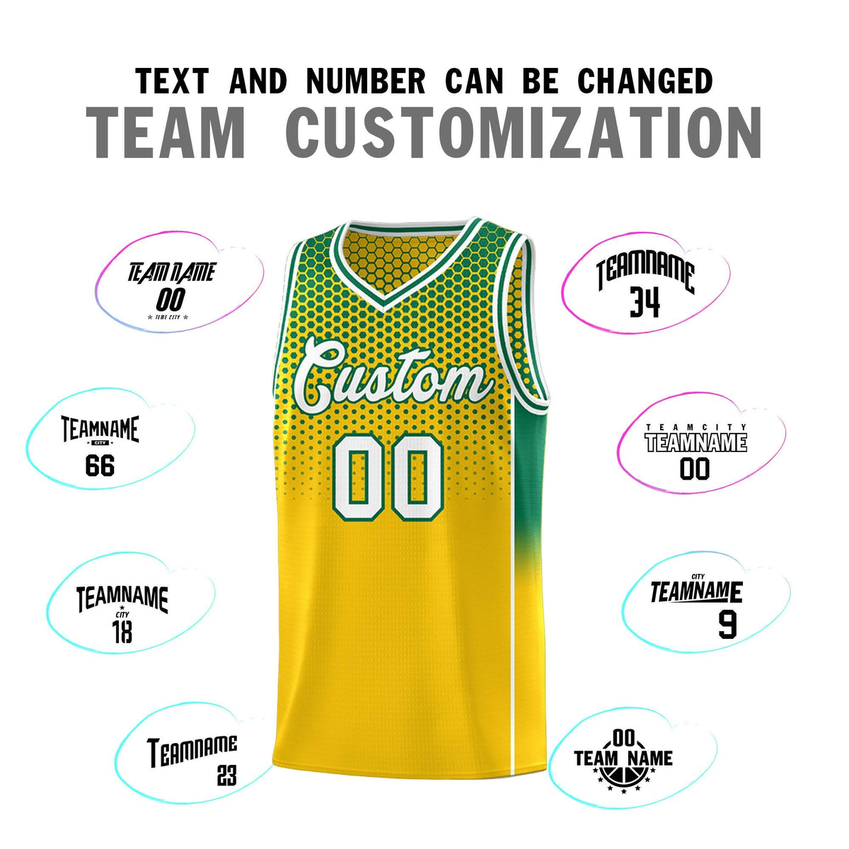 Custom Gold Kelly Green Reversible Side Gradient Sports Uniform Dot Pattern Basketball Jersey Kits