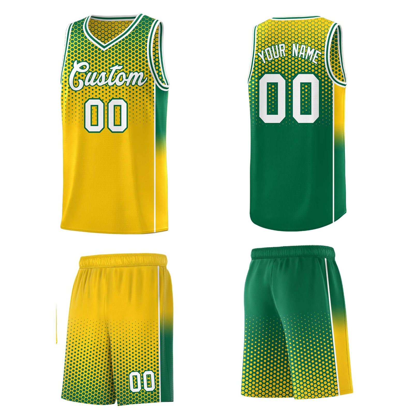 Custom Gold Kelly Green Reversible Side Gradient Sports Uniform Dot Pattern Basketball Jersey Kits