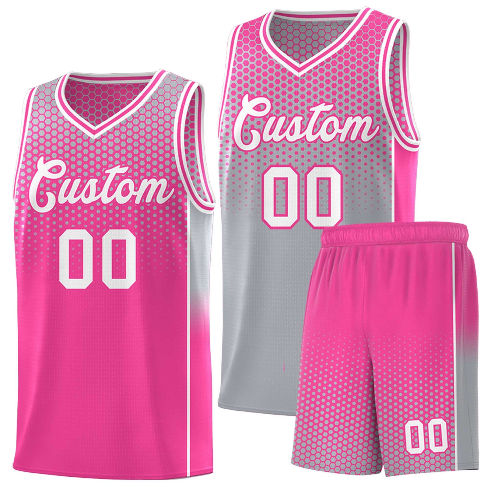 Custom Gray Pink Reversible Side Gradient Sports Uniform Dot Pattern Basketball Jersey Kits
