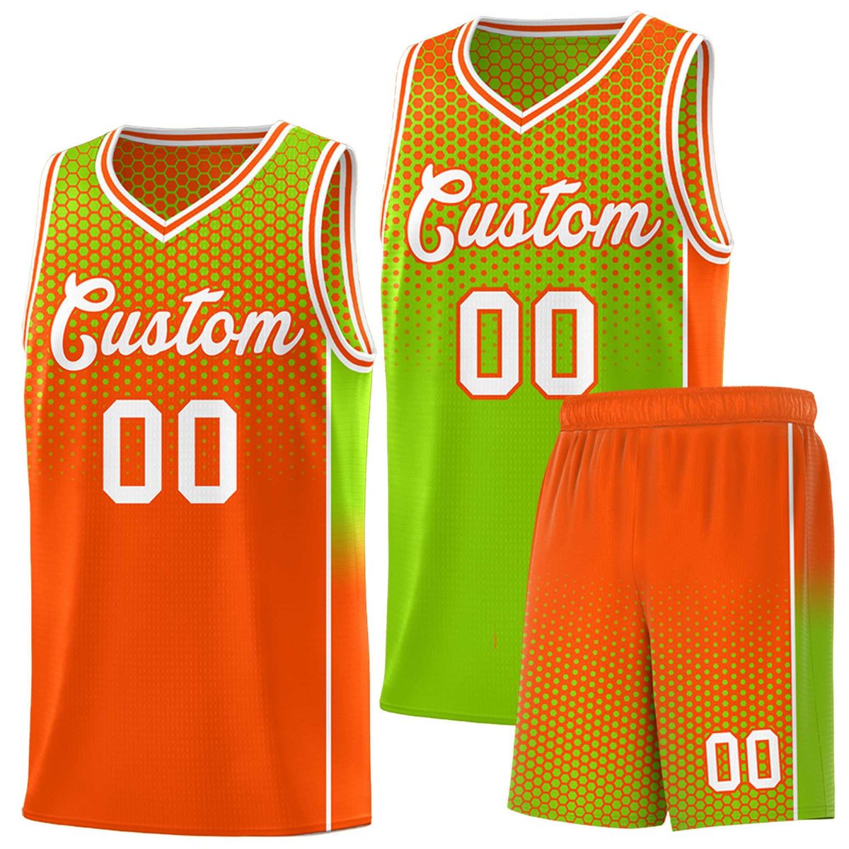 Custom Neon Green Orange Reversible Side Gradient Sports Uniform Dot Pattern Basketball Jersey Kits