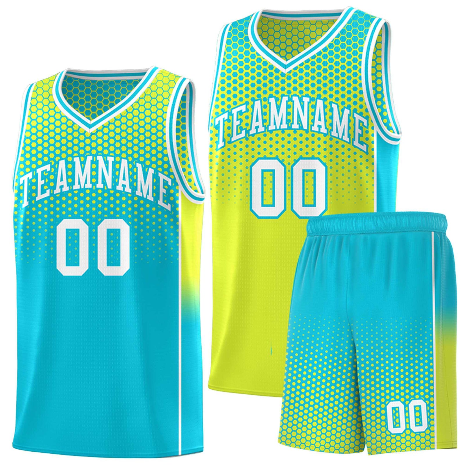 Custom Fluorescent Green Sky Blue Reversible Side Gradient Sports Uniform Dot Pattern Basketball Jersey Kits