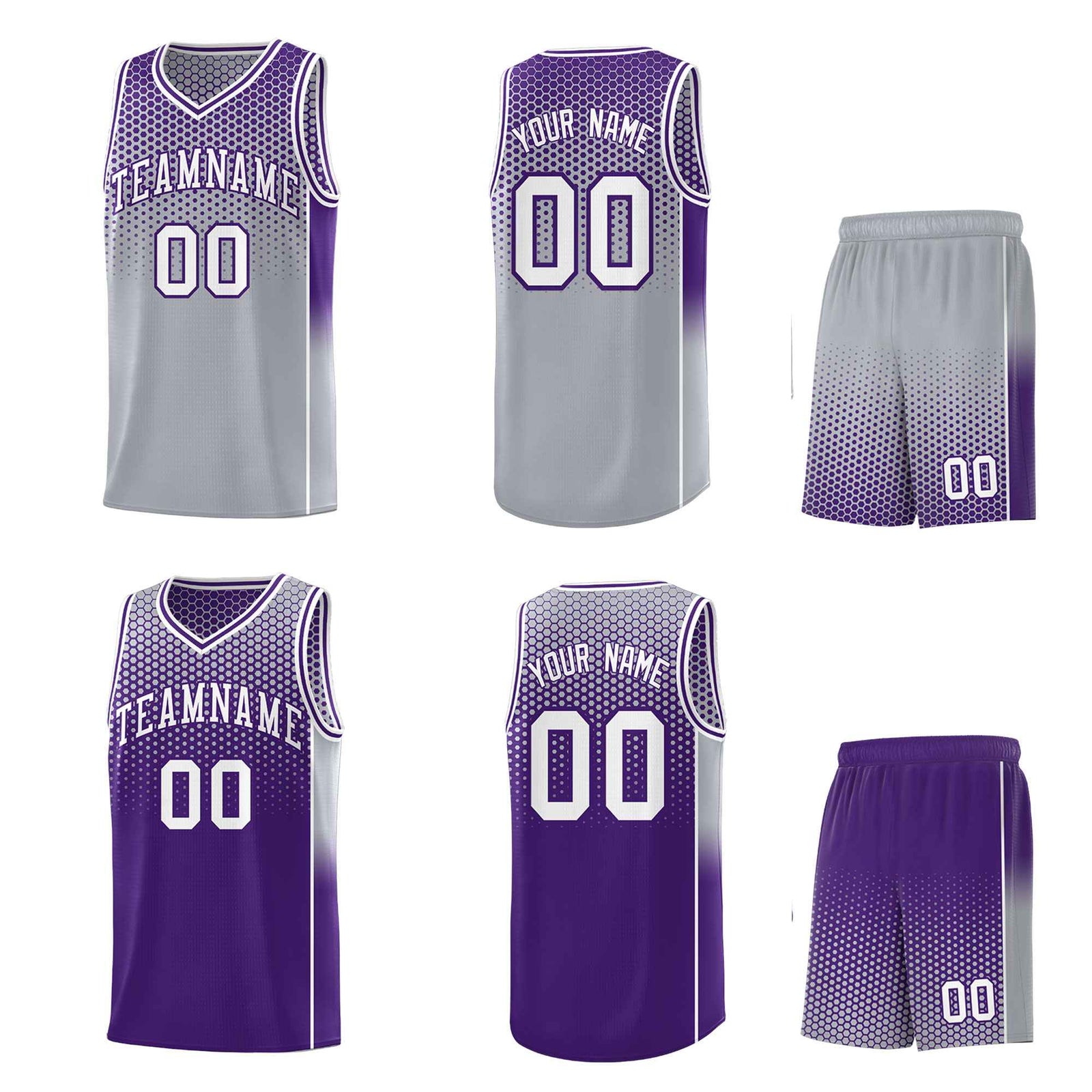 Custom Gray Purple Reversible Side Gradient Sports Uniform Dot Pattern Basketball Jersey Kits