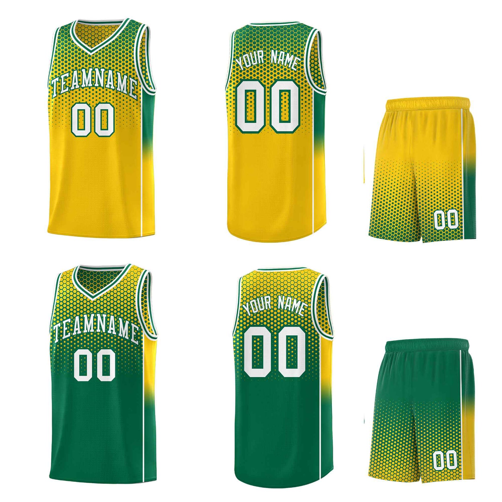 Custom Gold Kelly Green Reversible Side Gradient Sports Uniform Dot Pattern Basketball Jersey Kits