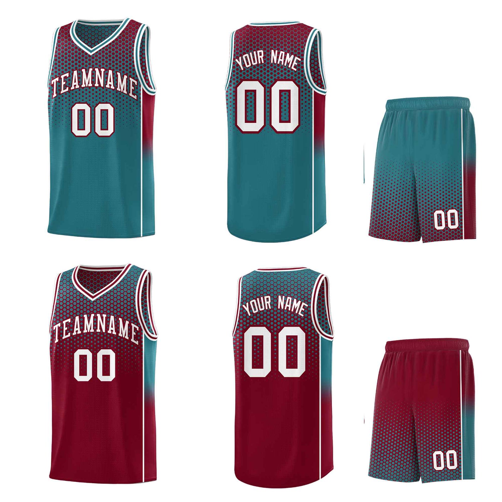 Custom Teal Crimson Reversible Side Gradient Sports Uniform Dot Pattern Basketball Jersey Kits
