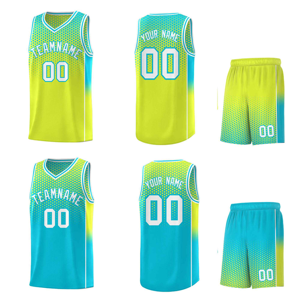 Custom Fluorescent Green Sky Blue Reversible Side Gradient Sports Uniform Dot Pattern Basketball Jersey Kits