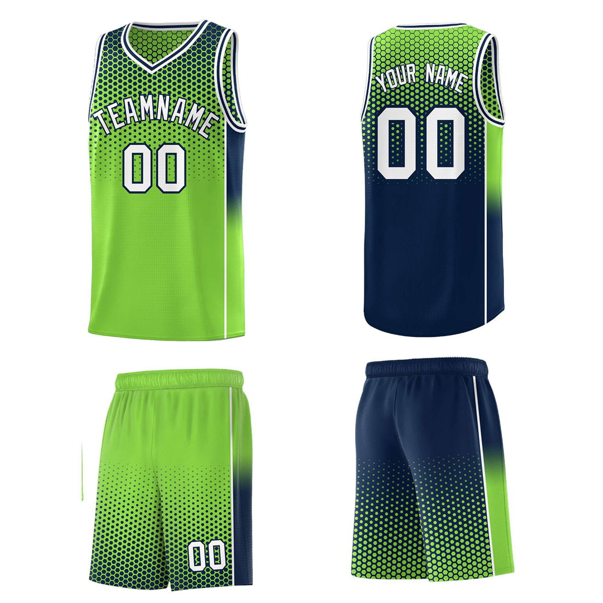 Custom Neon Green Navy Reversible Side Gradient Sports Uniform Dot Pattern Basketball Jersey Kits