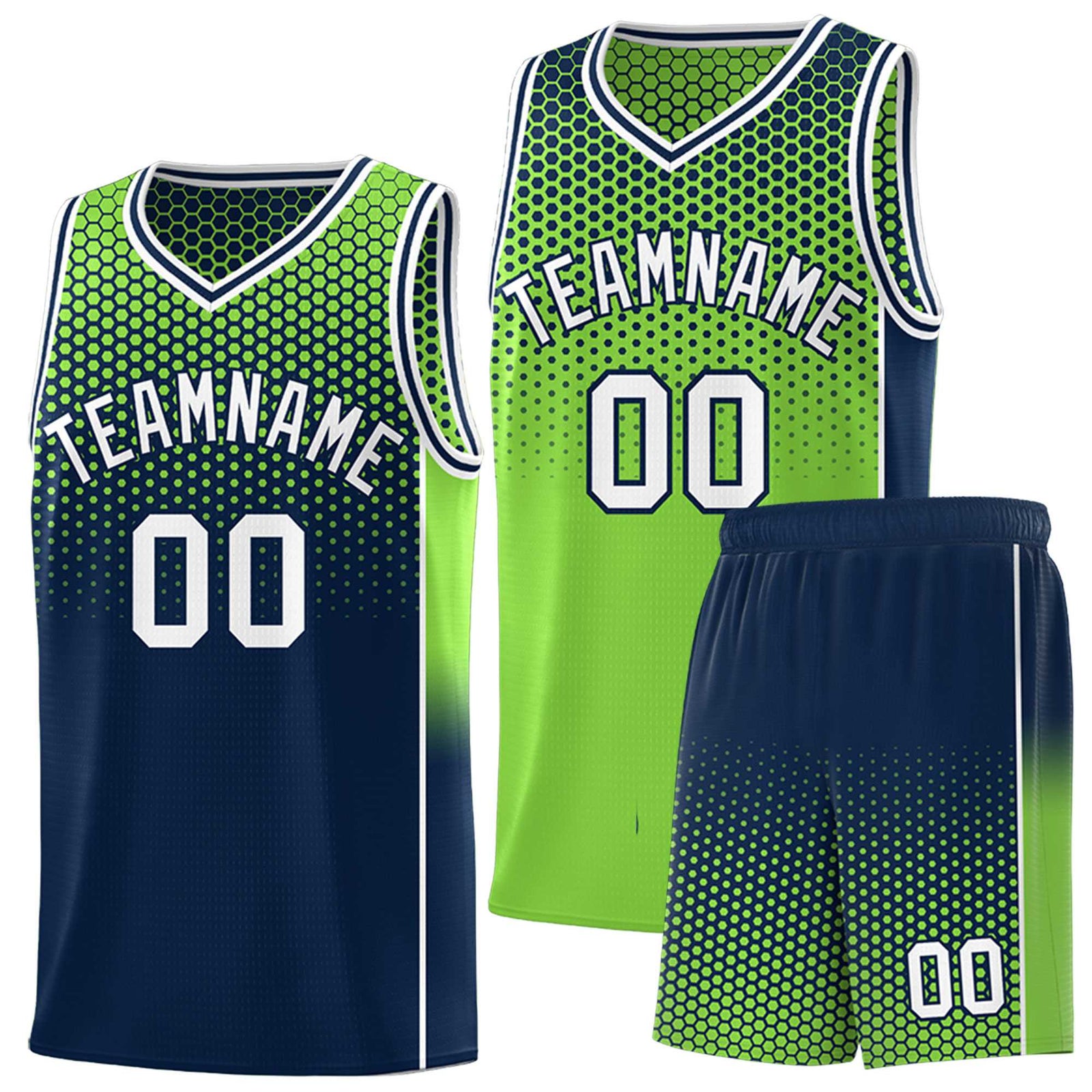Custom Neon Green Navy Reversible Side Gradient Sports Uniform Dot Pattern Basketball Jersey Kits