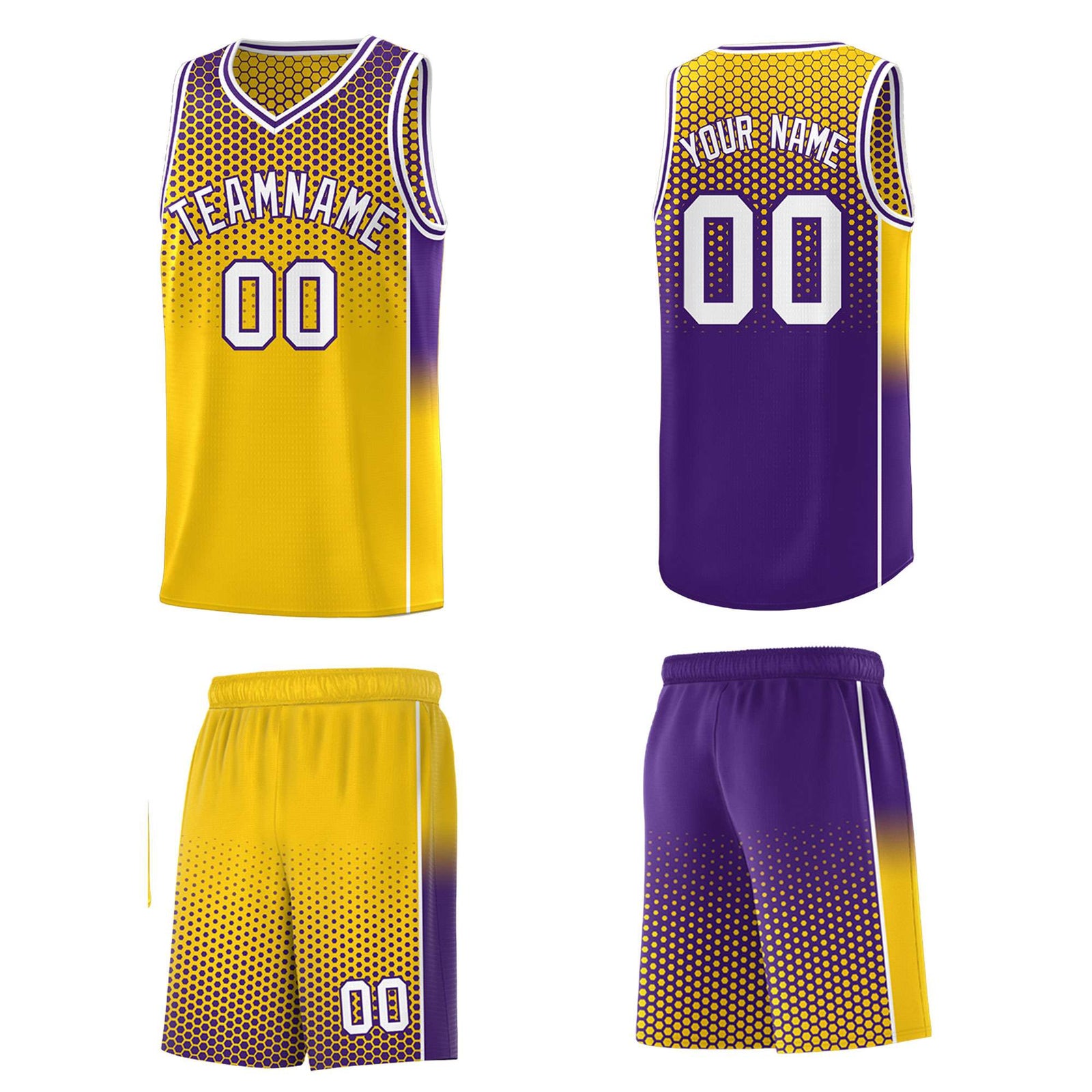 Custom Gold Purple Reversible Side Gradient Sports Uniform Dot Pattern Basketball Jersey Kits