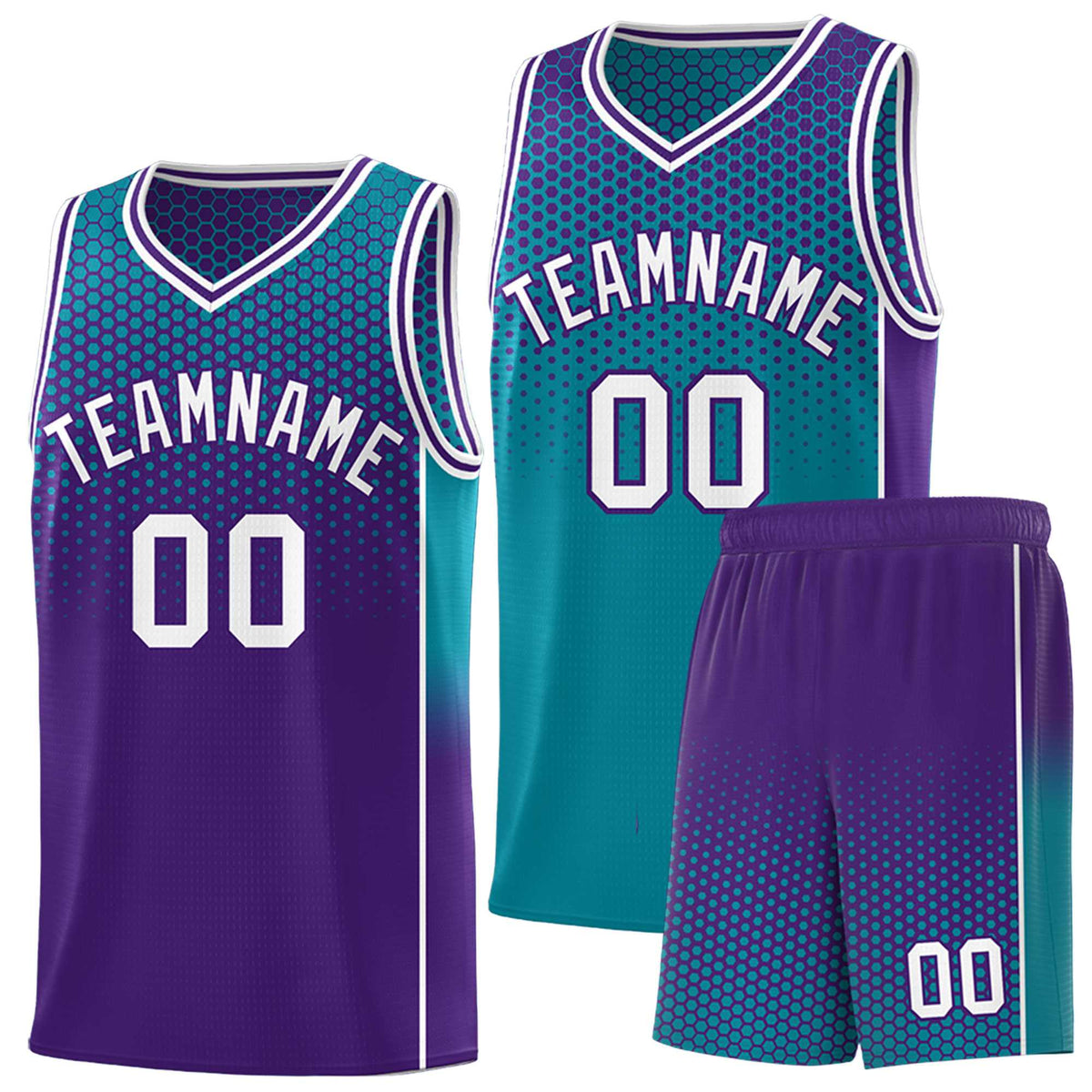 Custom Teal Purple Reversible Side Gradient Sports Uniform Dot Pattern Basketball Jersey Kits