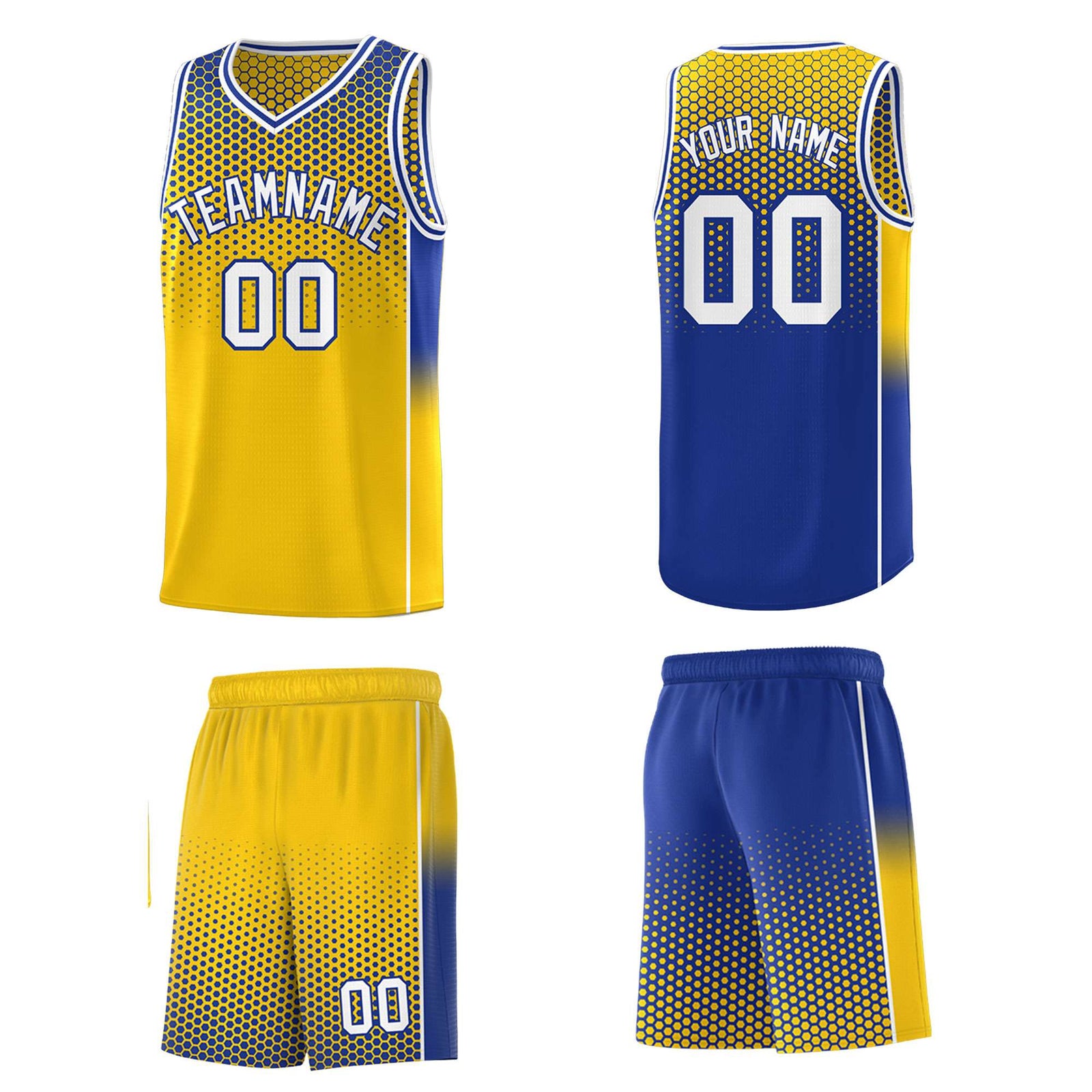 Custom Gold Royal Reversible Side Gradient Sports Uniform Dot Pattern Basketball Jersey Kits