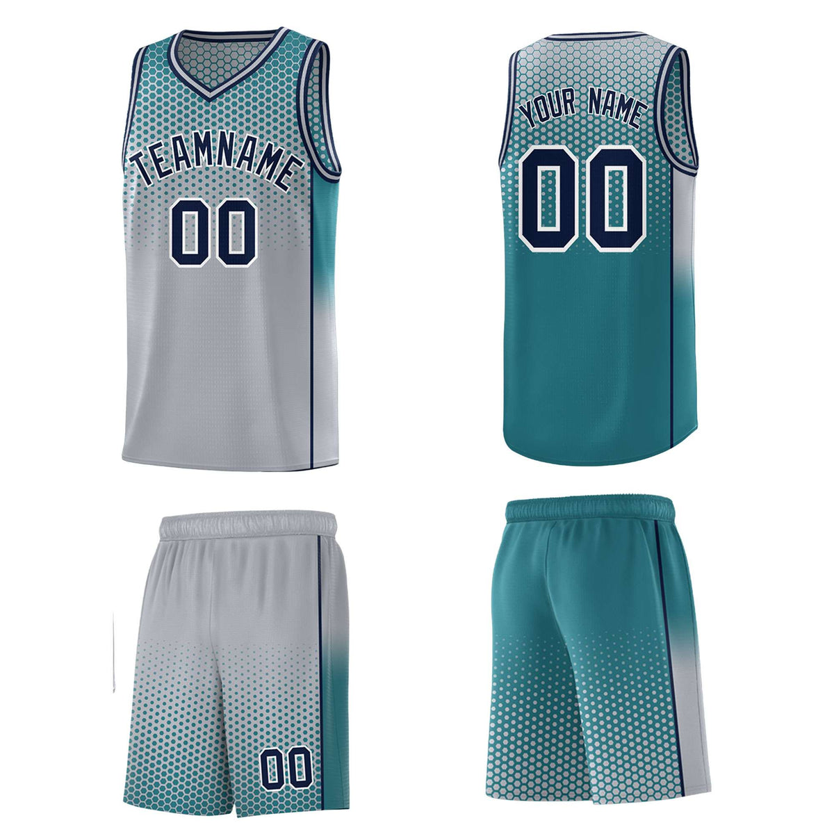 Custom Gray Aqua Reversible Side Gradient Sports Uniform Dot Pattern Basketball Jersey Kits