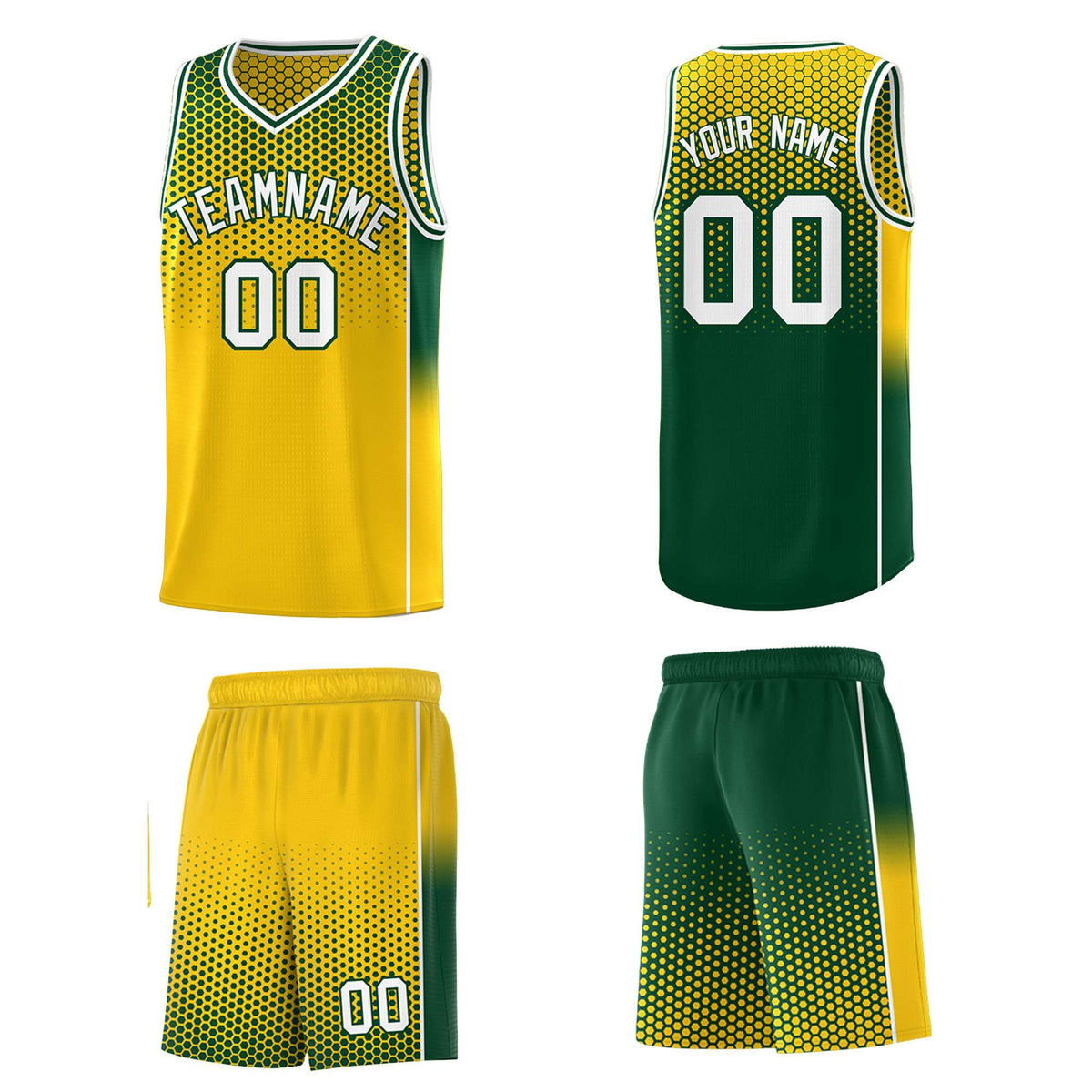 Custom Gold Green Reversible Side Gradient Sports Uniform Dot Pattern Basketball Jersey Kits