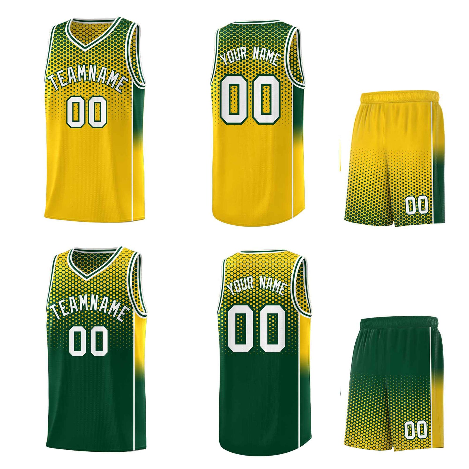 Custom Gold Green Reversible Side Gradient Sports Uniform Dot Pattern Basketball Jersey Kits