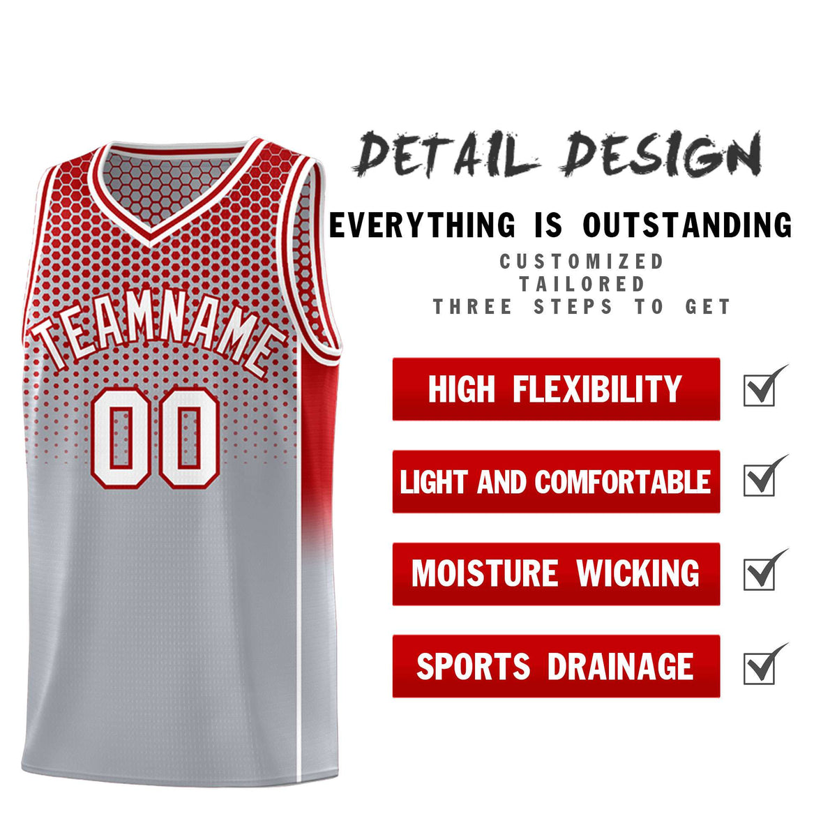 Custom Gray Red Reversible Side Gradient Sports Uniform Dot Pattern Basketball Jersey Kits