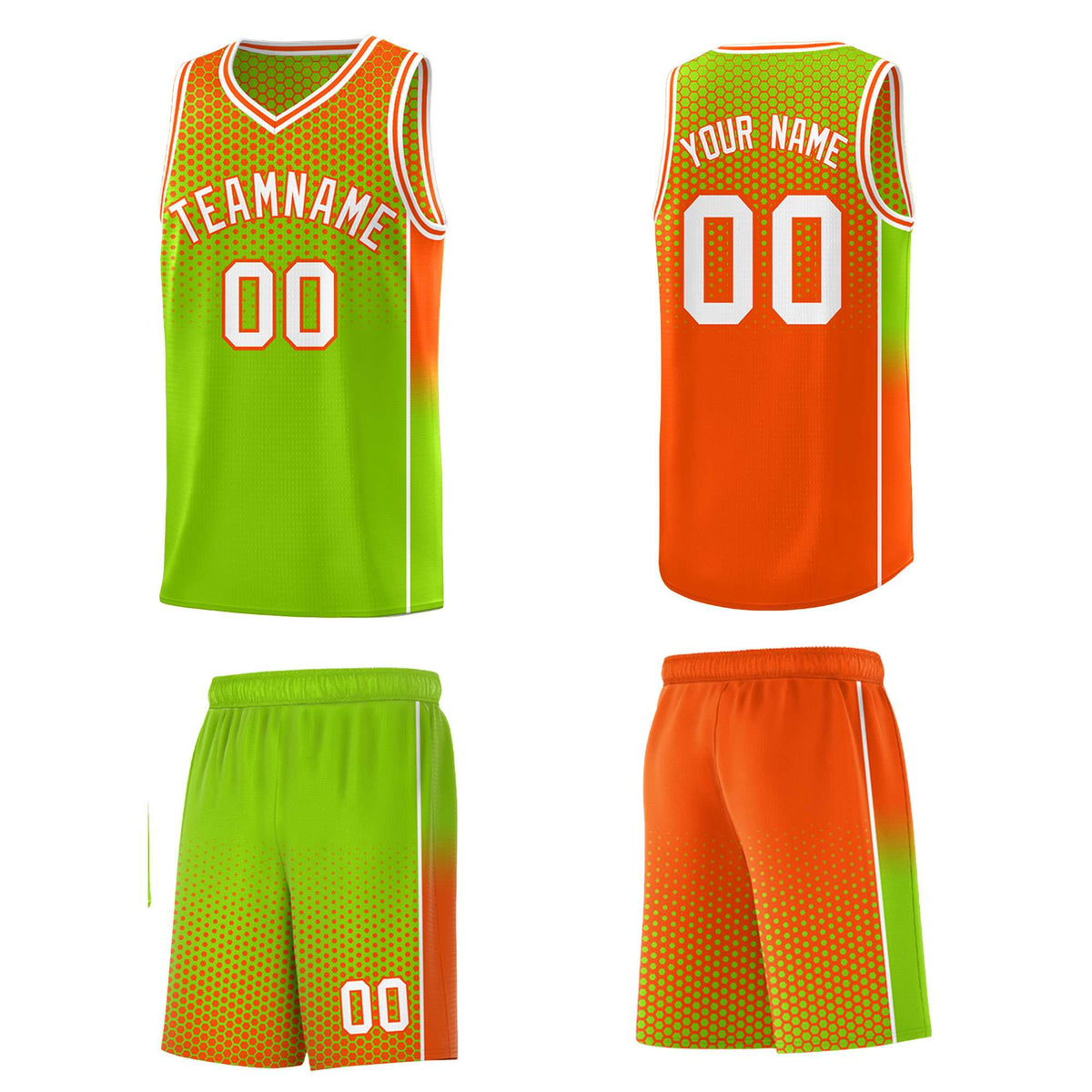 Custom Neon Green Orange Reversible Side Gradient Sports Uniform Dot Pattern Basketball Jersey Kits