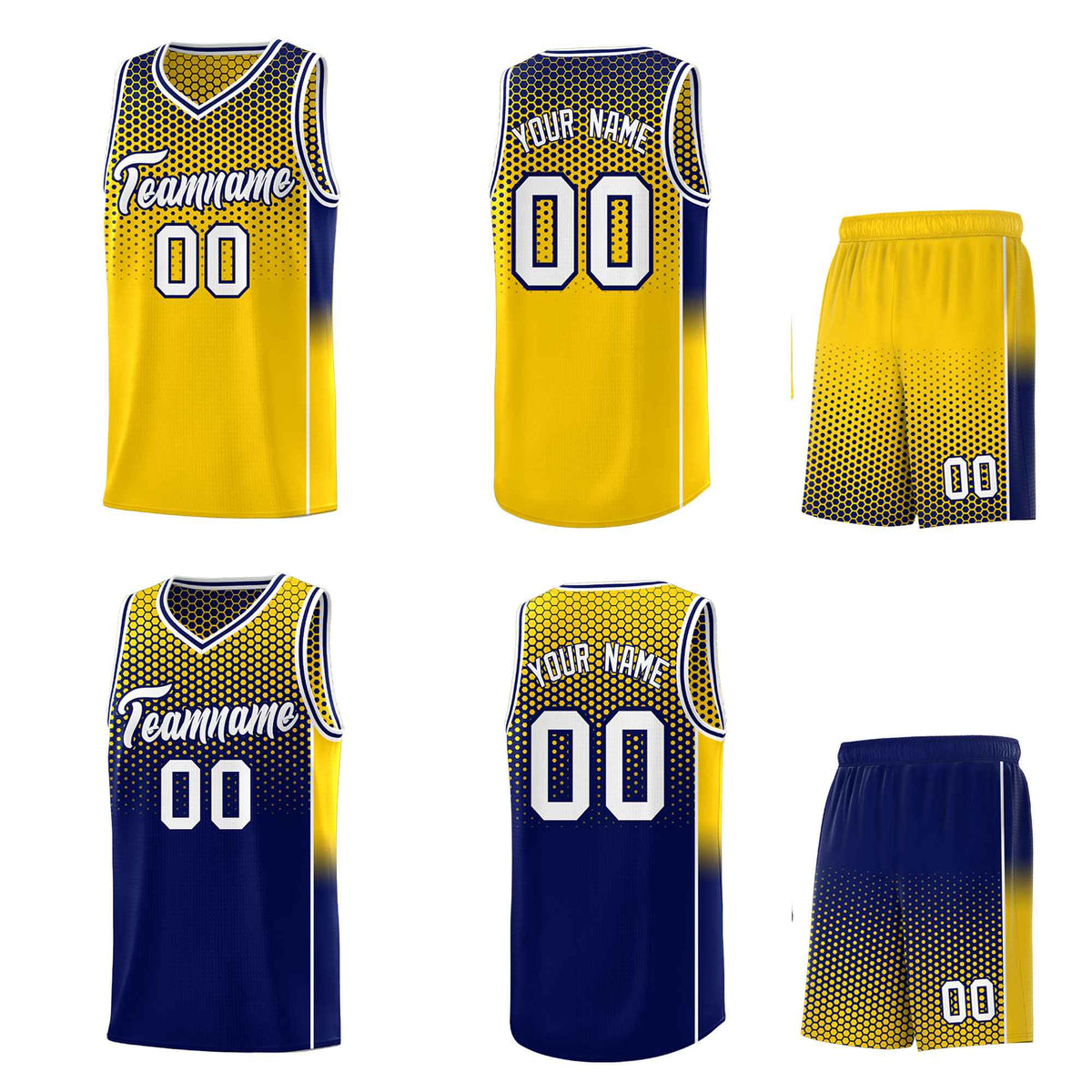 Custom Gold Navy Reversible Side Gradient Sports Uniform Dot Pattern Basketball Jersey Kits