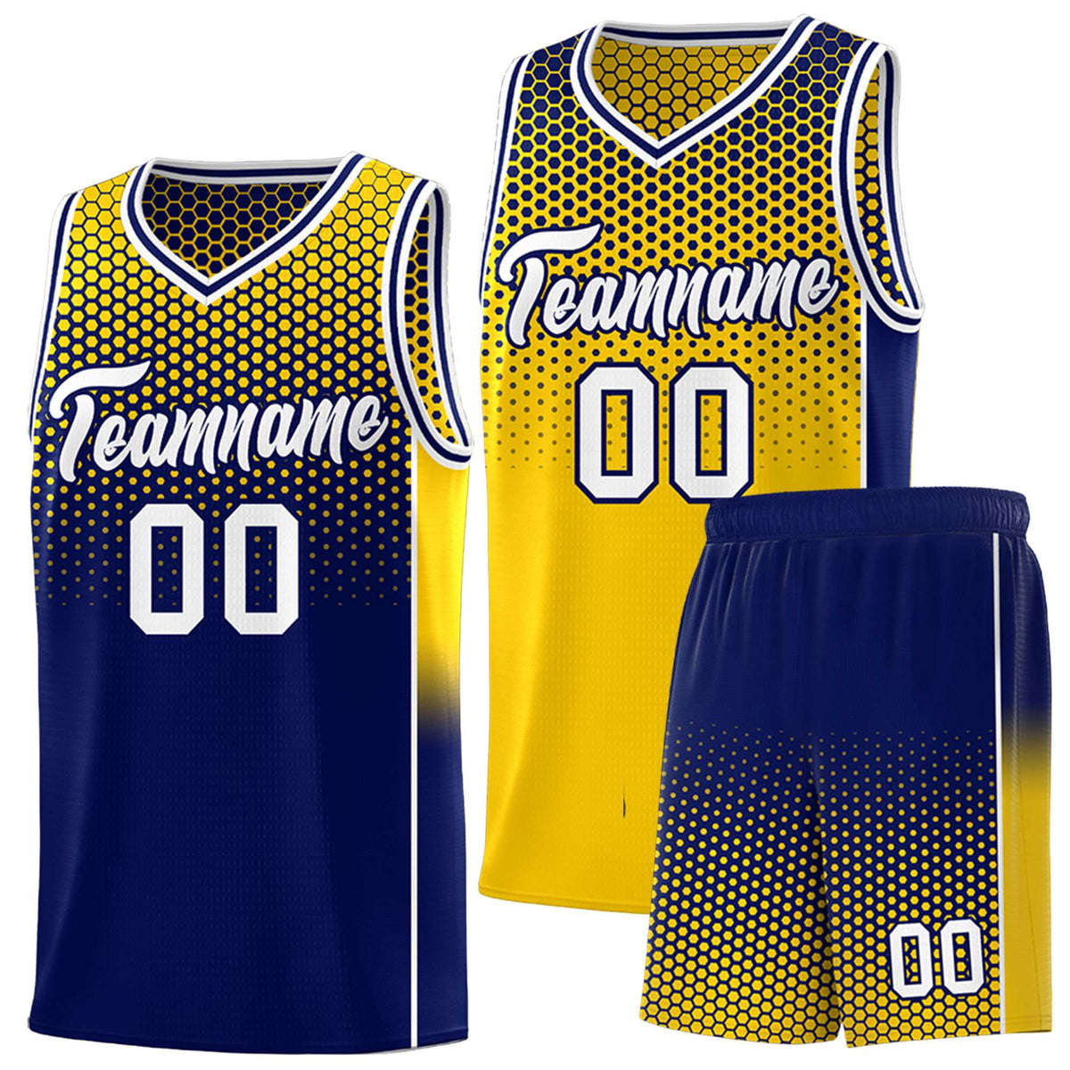 Custom Gold Navy Reversible Side Gradient Sports Uniform Dot Pattern Basketball Jersey Kits