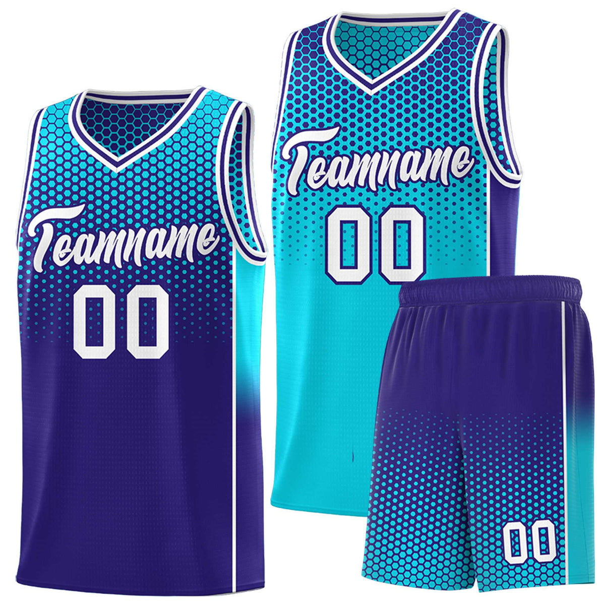 Custom Sky Blue Navy Reversible Side Gradient Sports Uniform Dot Pattern Basketball Jersey Kits