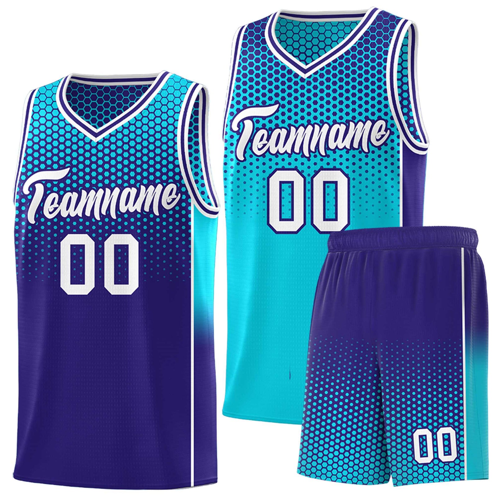 Custom Sky Blue Navy Reversible Side Gradient Sports Uniform Dot Pattern Basketball Jersey Kits