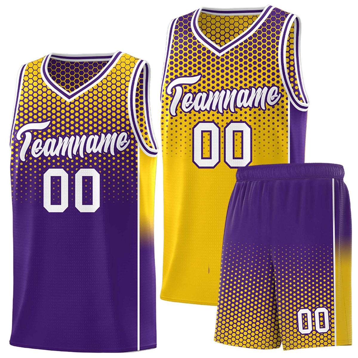 Custom Gold Purple Reversible Side Gradient Sports Uniform Dot Pattern Basketball Jersey Kits