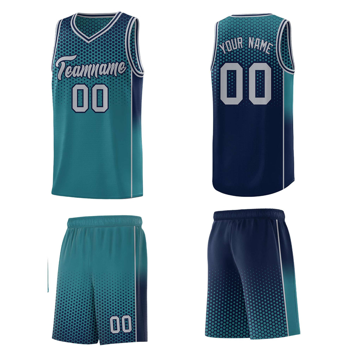 Custom Aqua Navy Reversible Side Gradient Sports Uniform Dot Pattern Basketball Jersey Kits