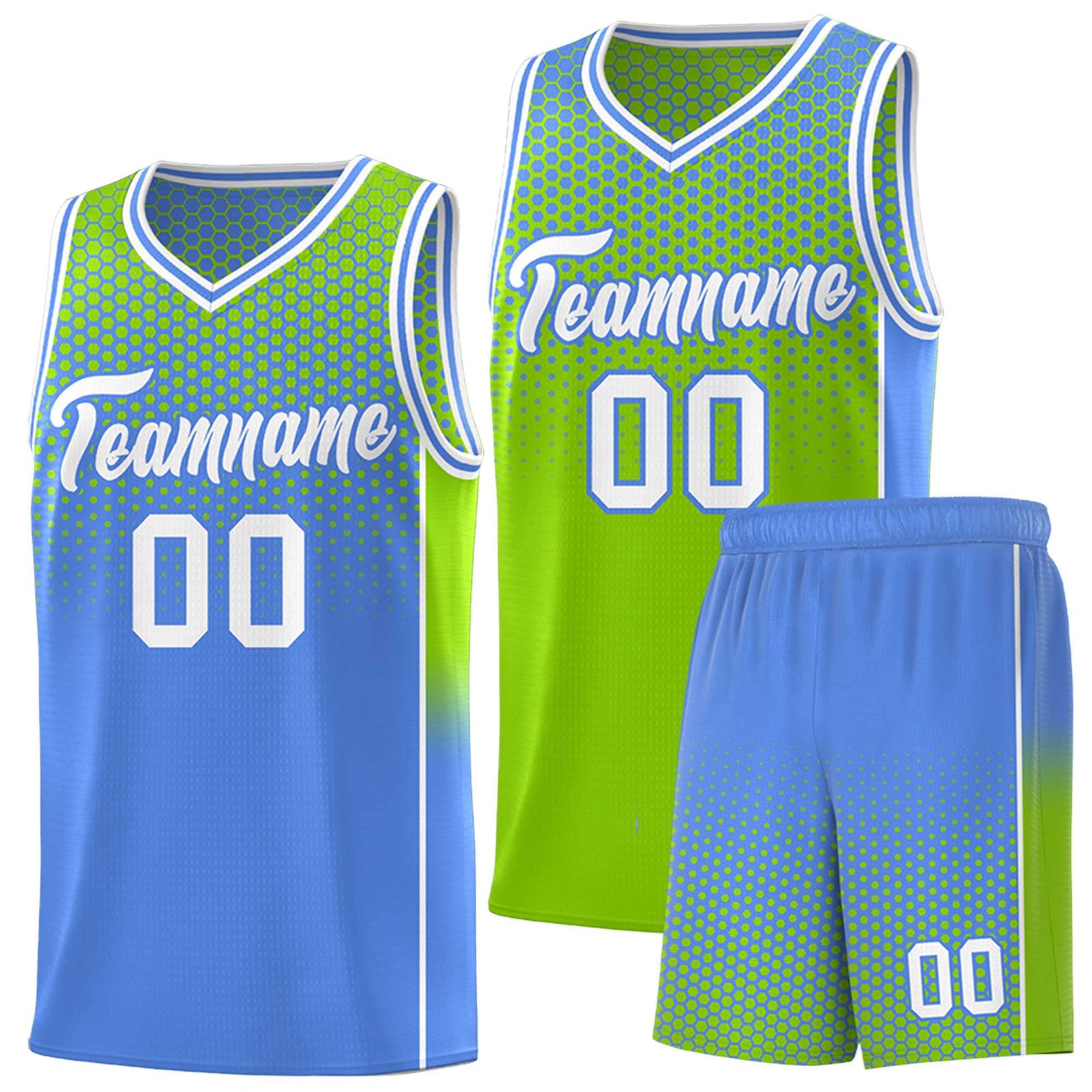 Custom Neon Green Light Blue Reversible Side Gradient Sports Uniform Dot Pattern Basketball Jersey Kits
