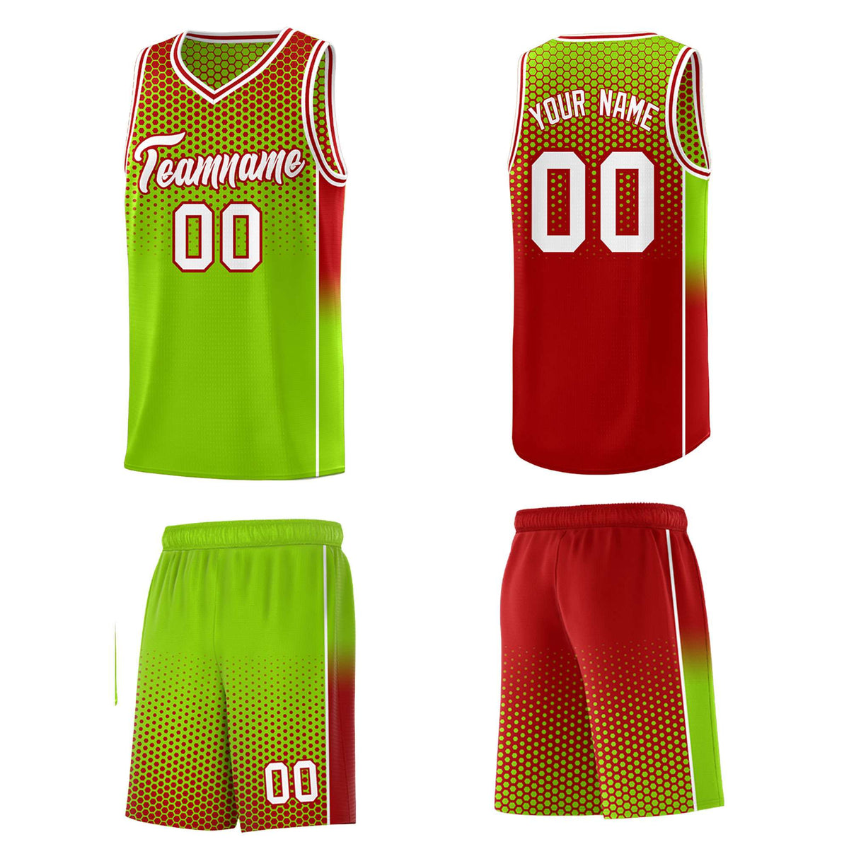 Custom Neon Green Red Reversible Side Gradient Sports Uniform Dot Pattern Basketball Jersey Kits