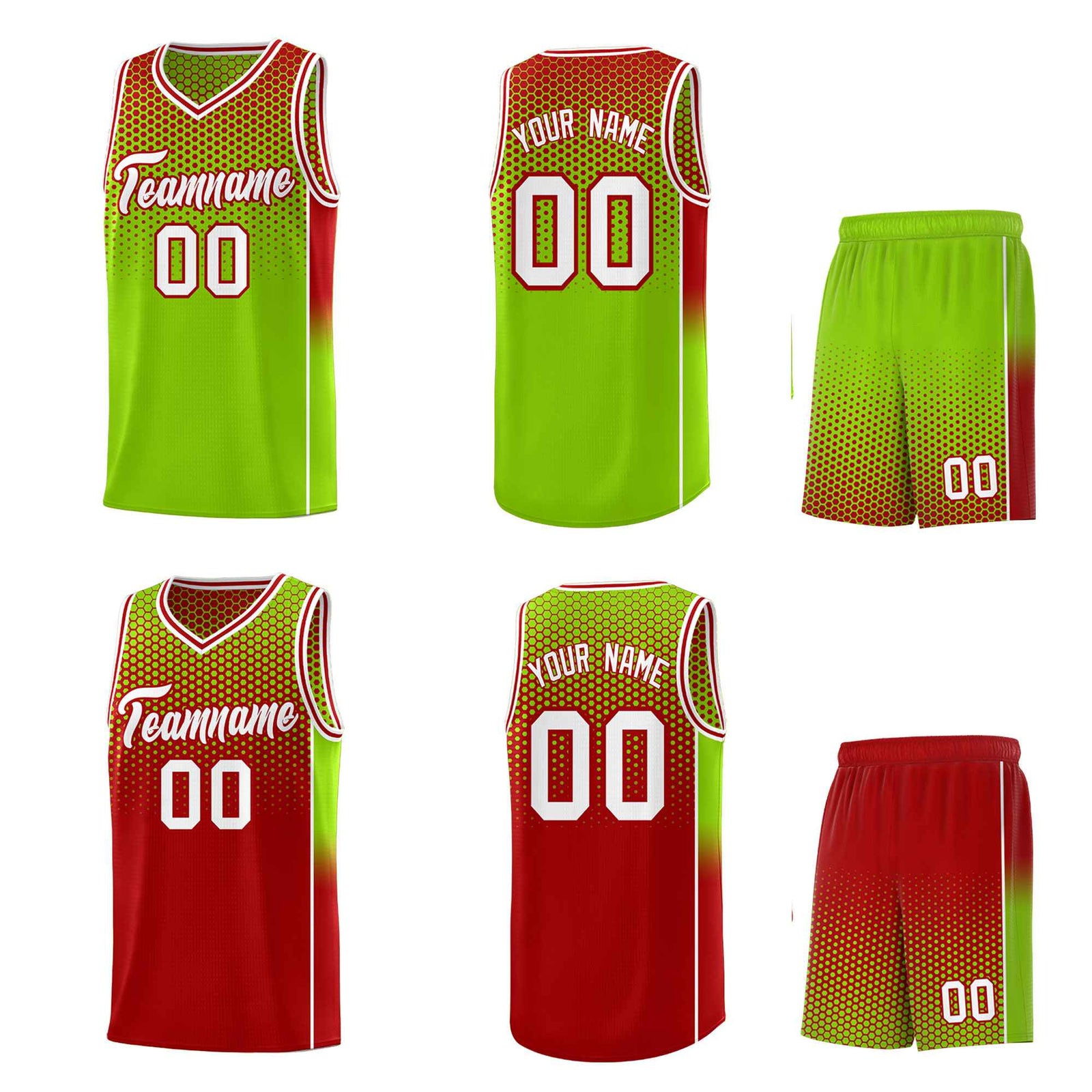 Custom Neon Green Red Reversible Side Gradient Sports Uniform Dot Pattern Basketball Jersey Kits