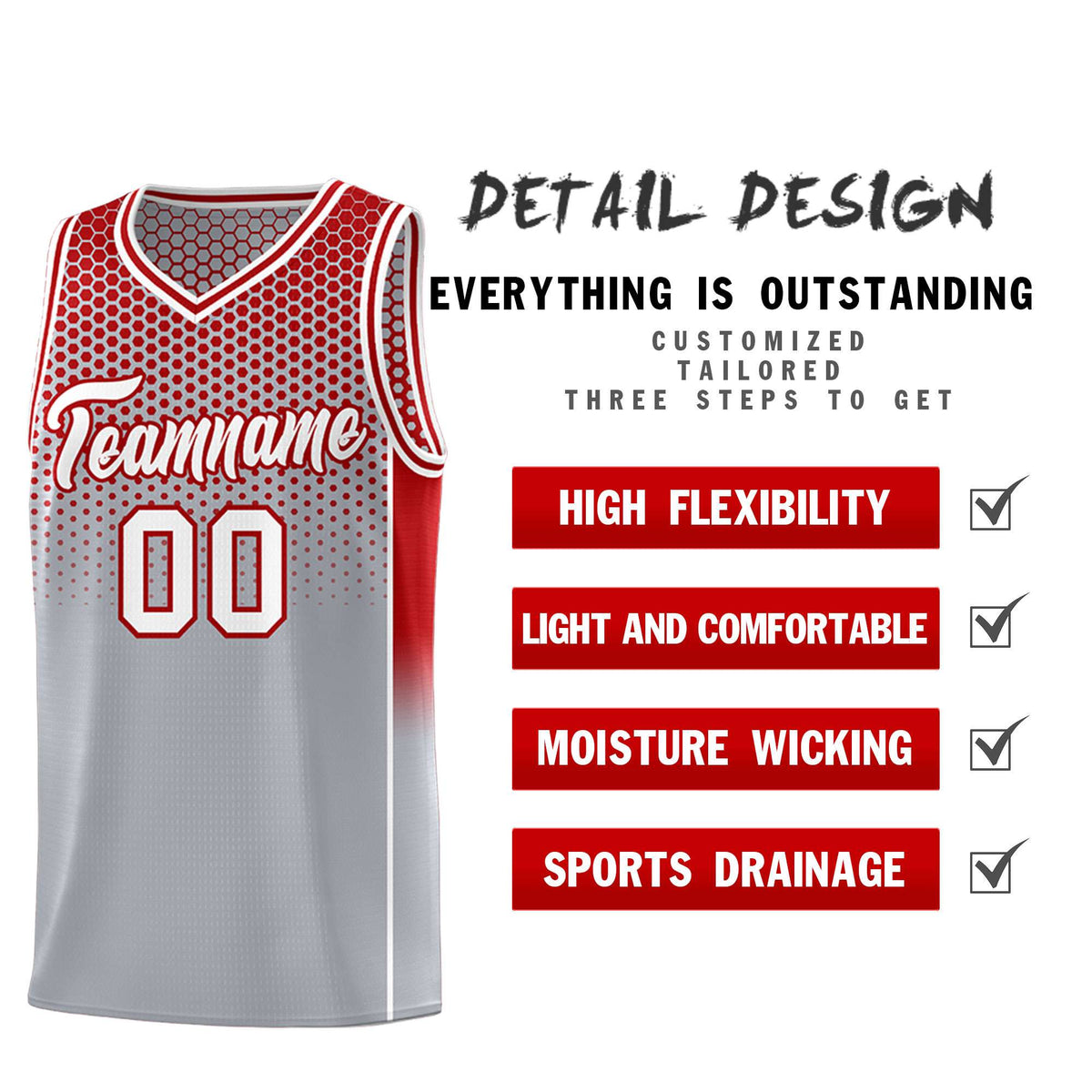Custom Gray Red Reversible Side Gradient Sports Uniform Dot Pattern Basketball Jersey Kits