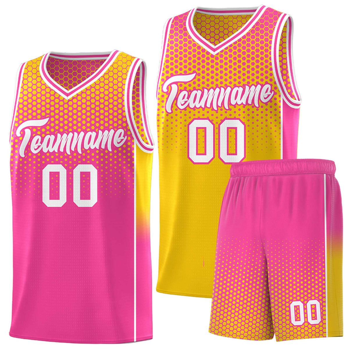 Custom Gold Pink Reversible Side Gradient Sports Uniform Dot Pattern Basketball Jersey Kits
