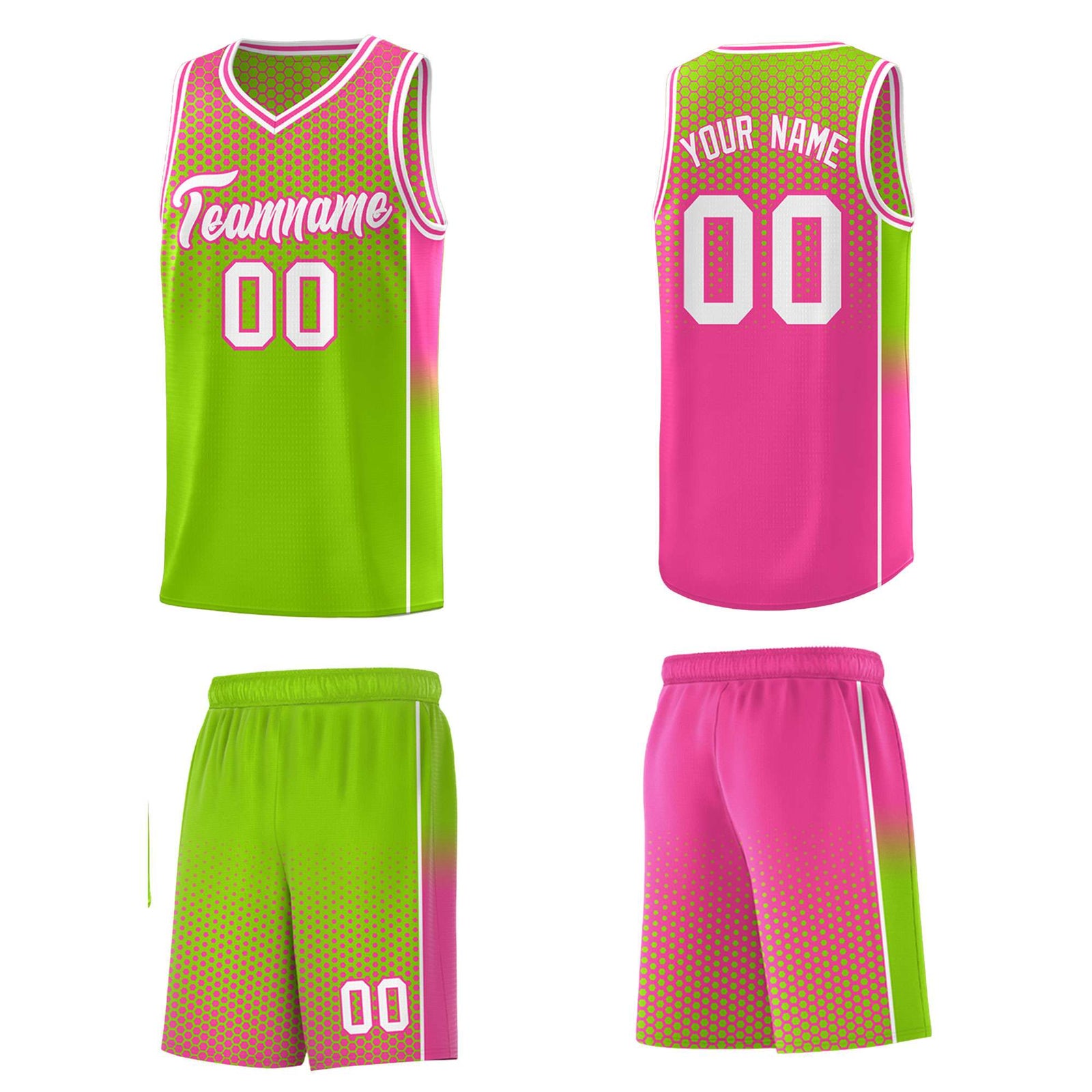Custom Neon Green Pink Reversible Side Gradient Sports Uniform Dot Pattern Basketball Jersey Kits