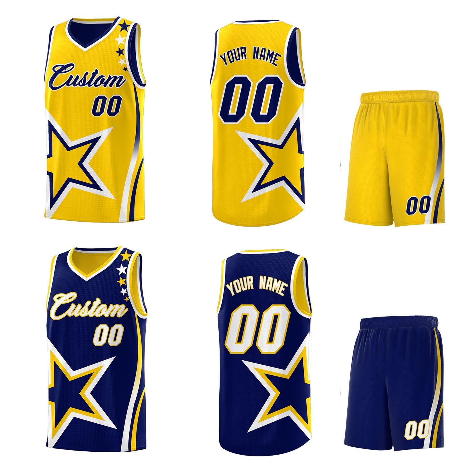 Custom Navy Gold White Star Series Reversible Sets Basketball Jersey| KXKSHOP