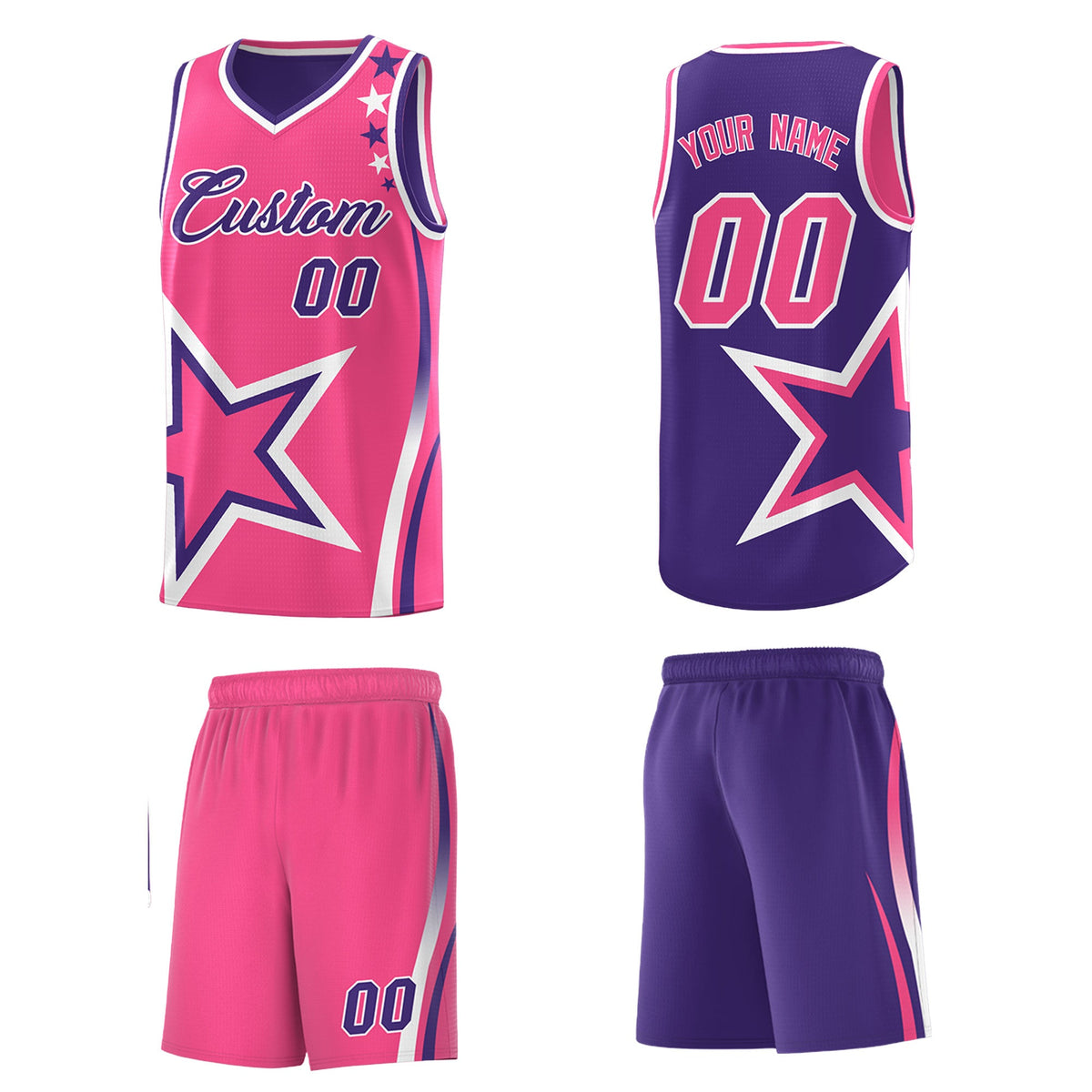 Custom Purple Pink White Star Series Reversible Sets Basketball Jersey| KXKSHOP