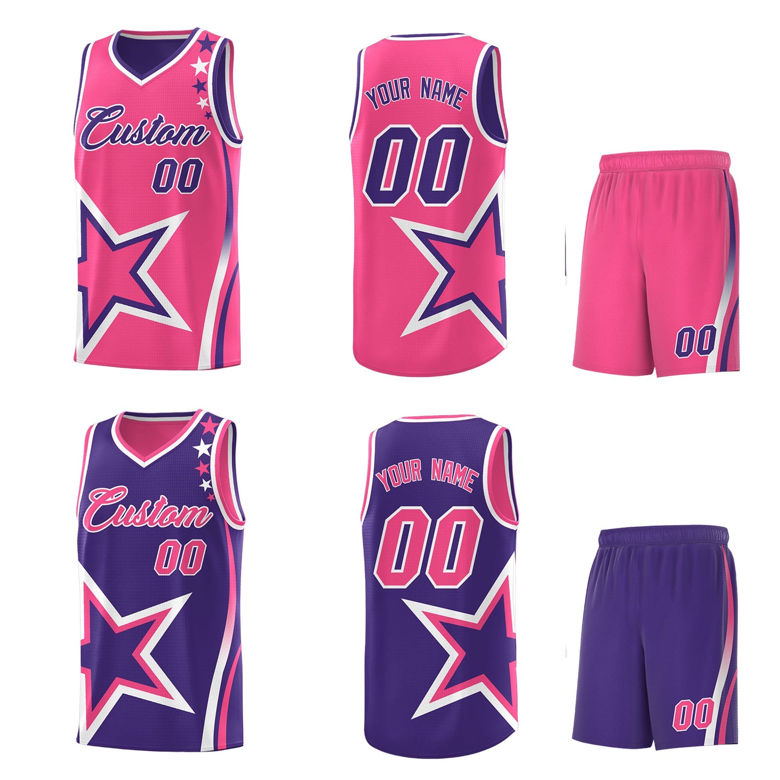 Custom Purple Pink White Star Series Reversible Sets Basketball Jersey| KXKSHOP
