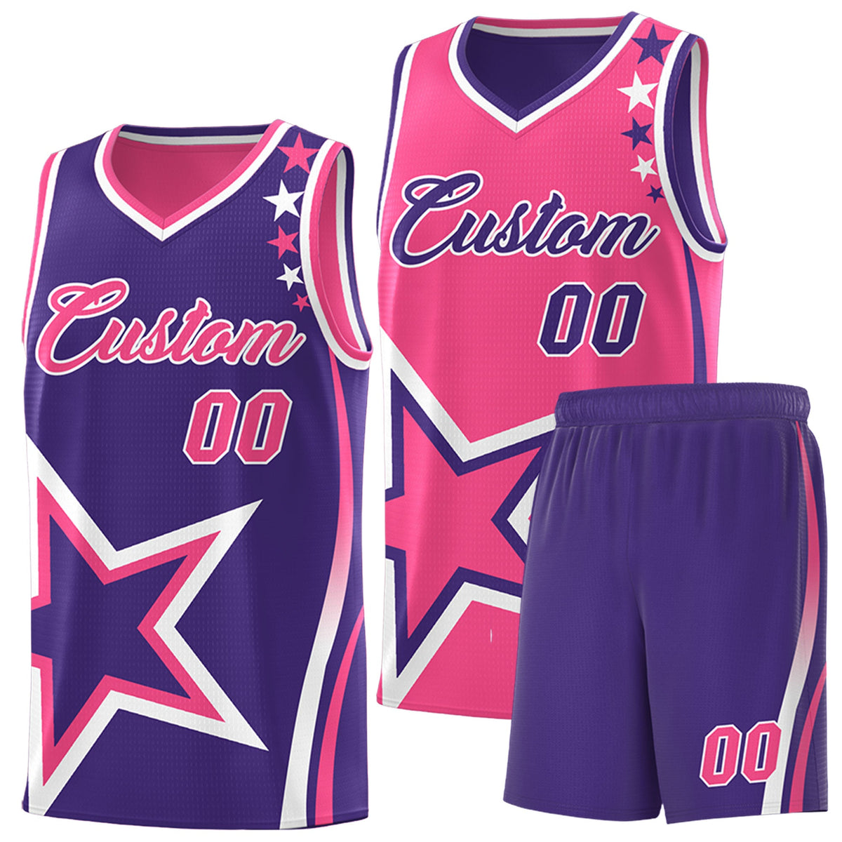 Custom Purple Pink White Star Series Reversible Sets Basketball Jersey| KXKSHOP