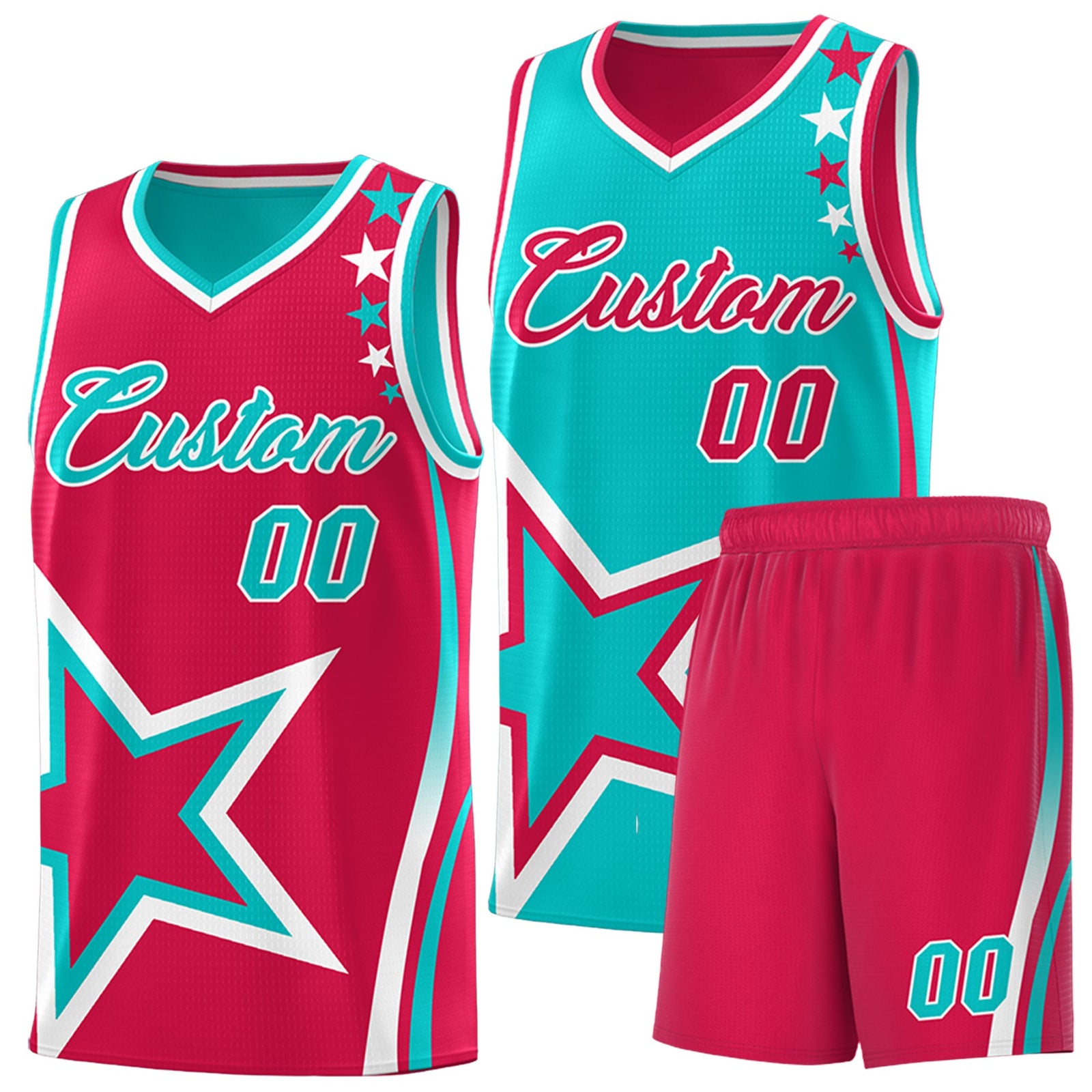 Custom Red Aqua White Star Series Reversible Sets Basketball Jersey| KXKSHOP