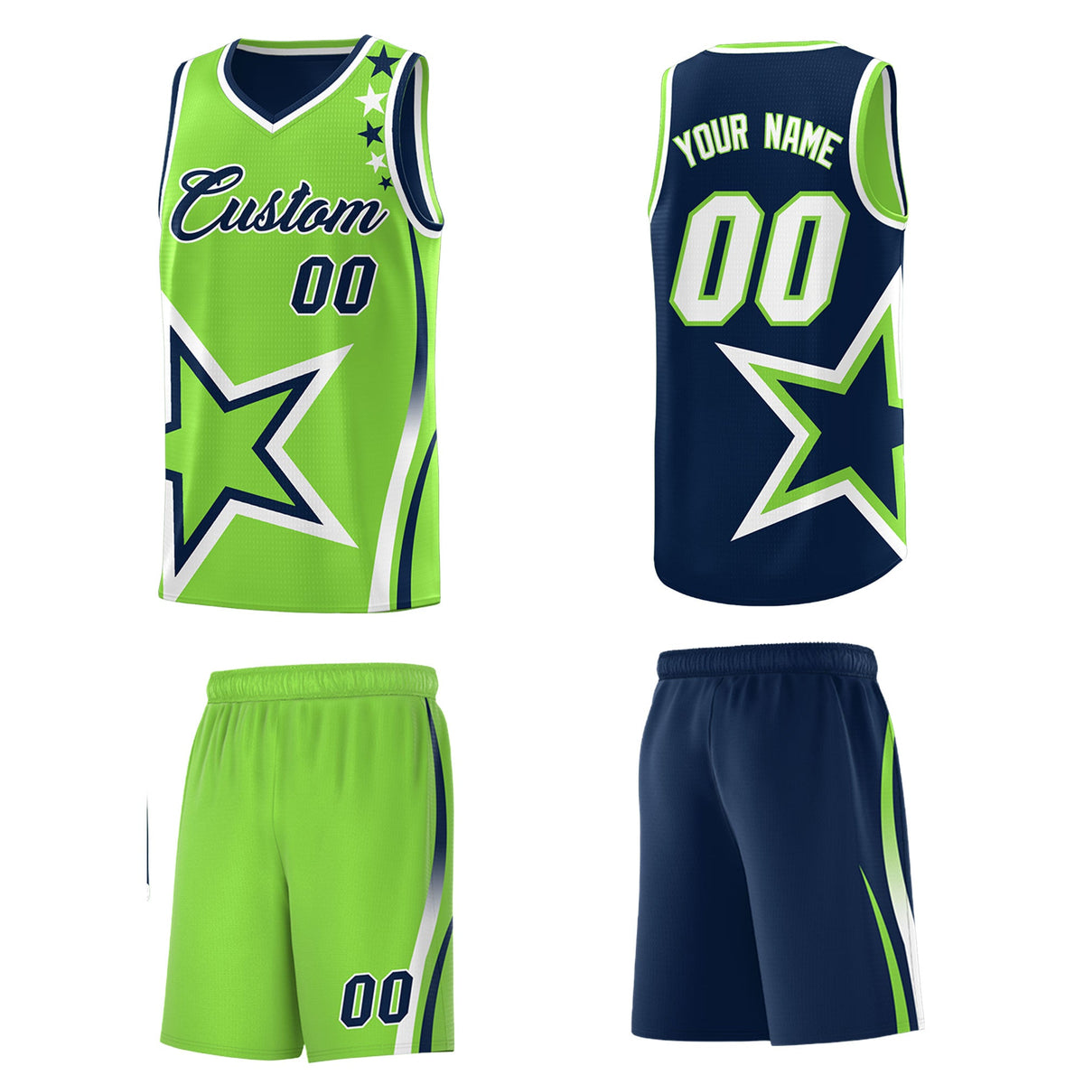 Custom Navy Fluorescent Green White Star Series Reversible Sets Basketball Jersey| KXKSHOP