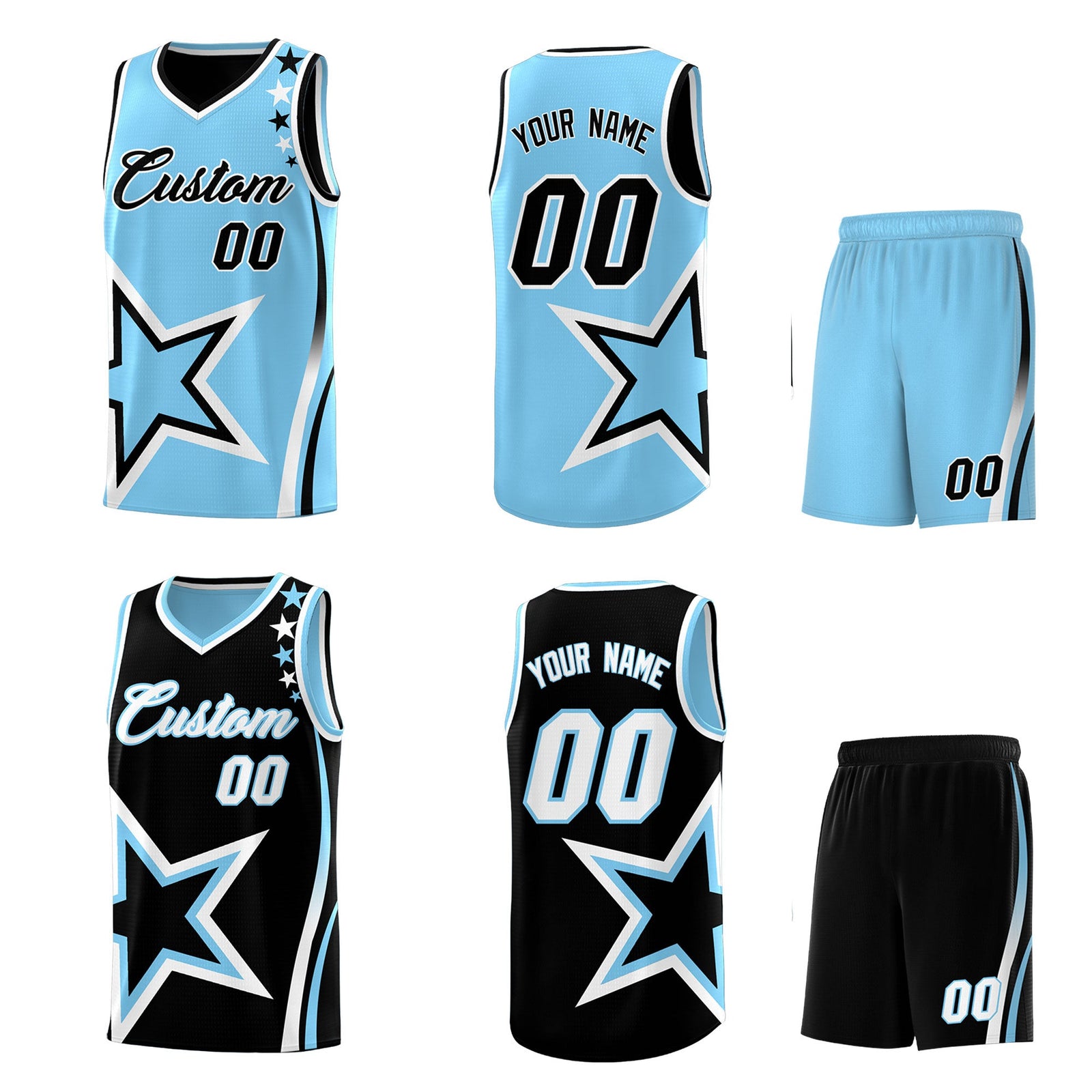 Custom Black Light Blue White Star Series Reversible Sets Basketball Jersey| KXKSHOP
