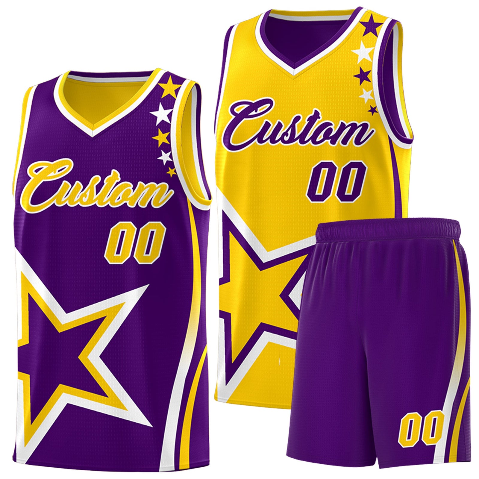 Custom Purple Gold White Star Series Reversible Sets Basketball Jersey| KXKSHOP