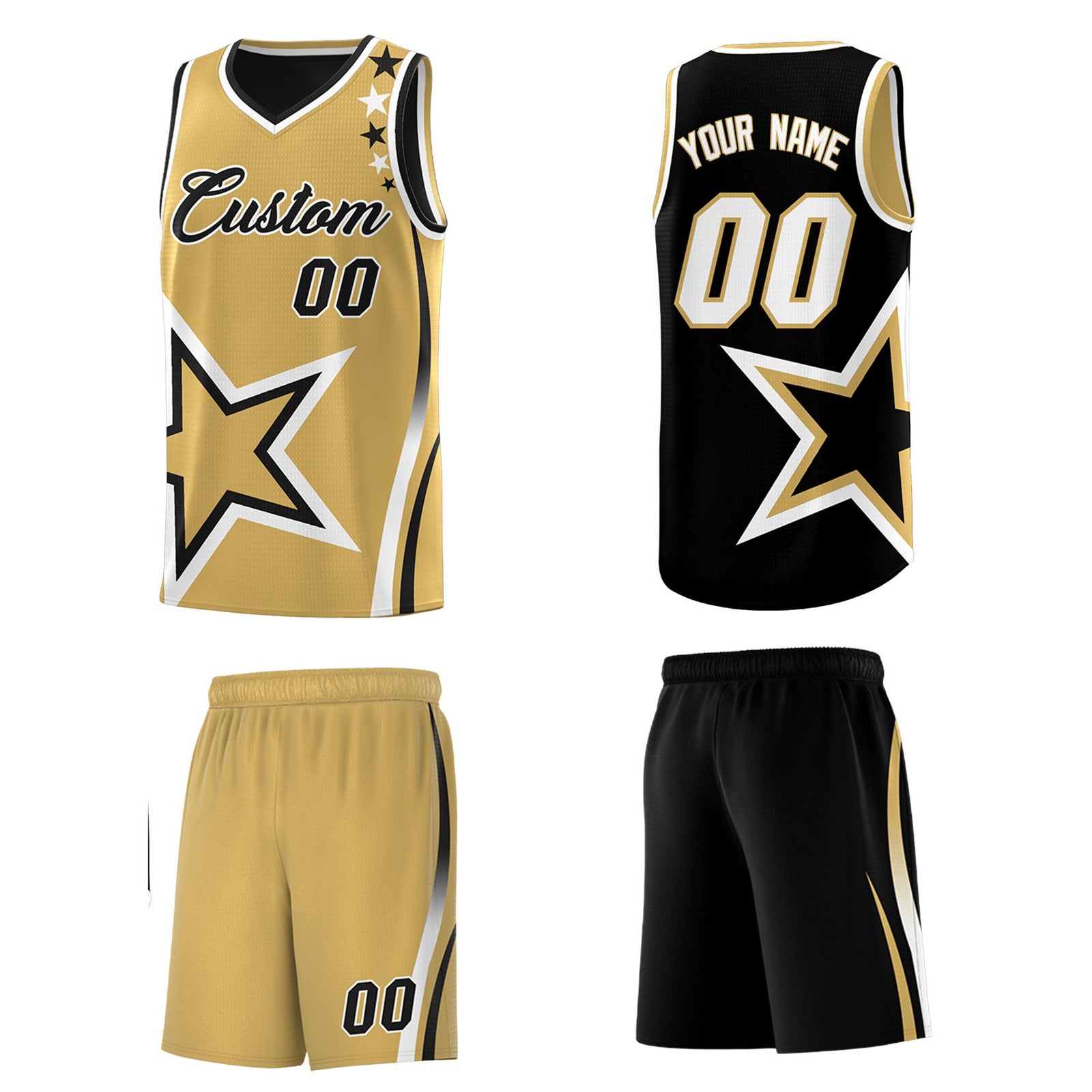 Custom Black Old Gold White Star Series Reversible Sets Basketball Jersey| KXKSHOP