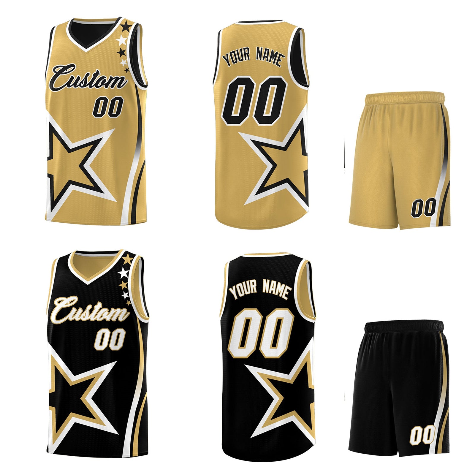 Custom Black Old Gold White Star Series Reversible Sets Basketball Jersey| KXKSHOP