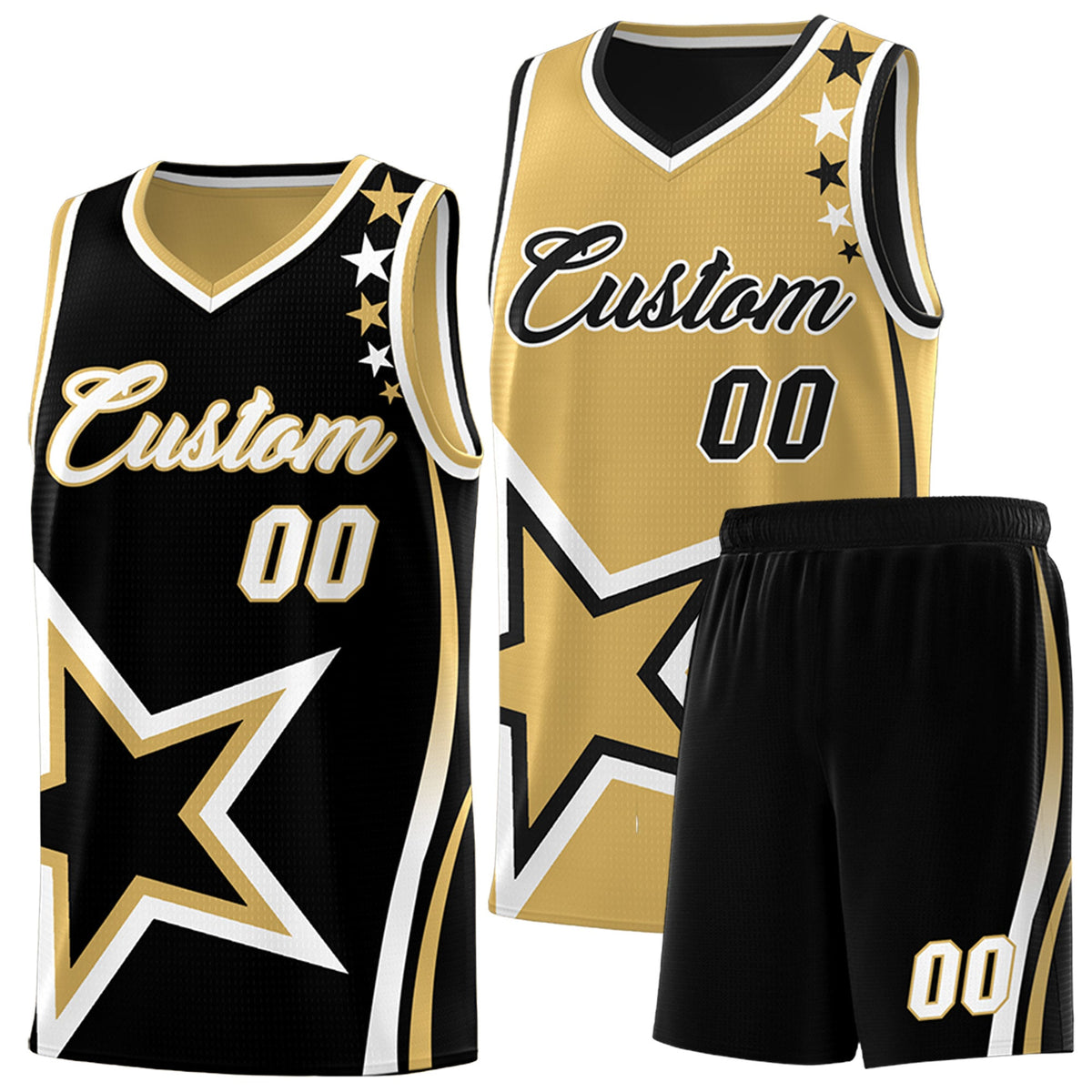 Custom Black Old Gold White Star Series Reversible Sets Basketball Jersey| KXKSHOP