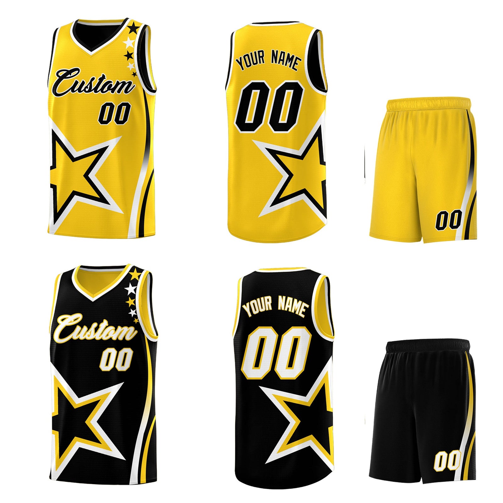 Custom Black Gold White Star Series Reversible Sets Basketball Jersey| KXKSHOP