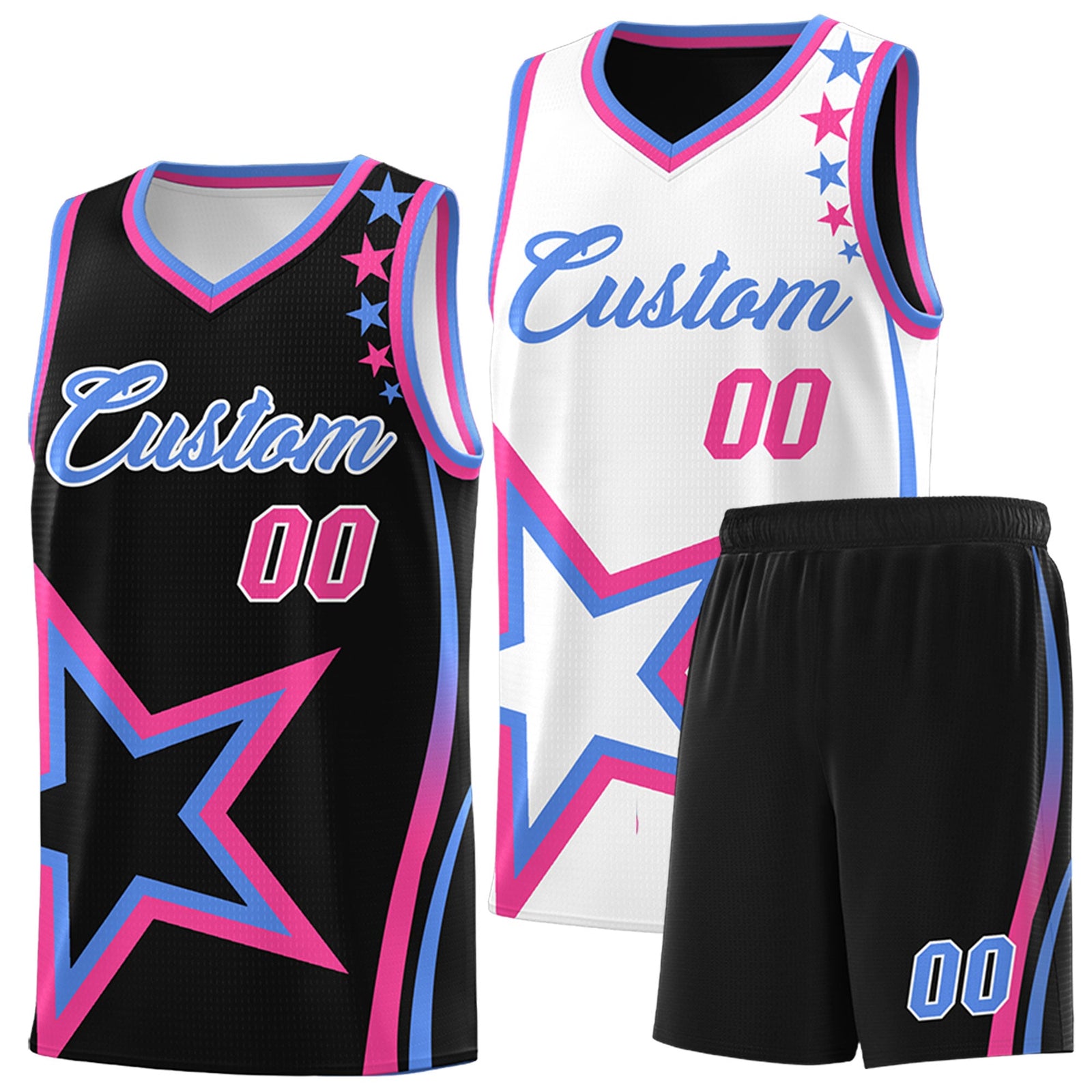 Custom Black Light Blue Pink Star Series Reversible Sets Basketball Jersey| KXKSHOP