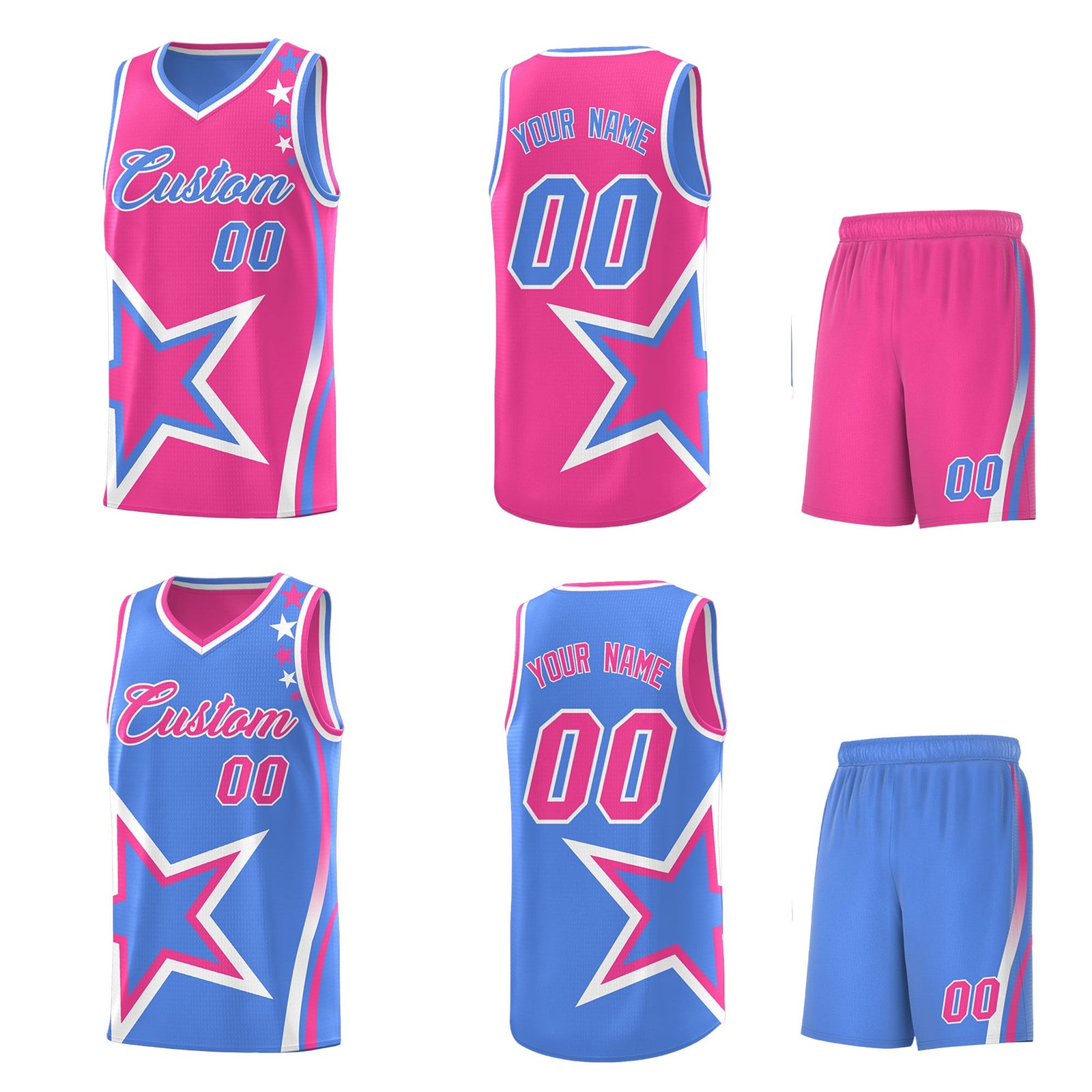 Custom Light Blue Pink White Star Series Reversible Sets Basketball Jersey| KXKSHOP