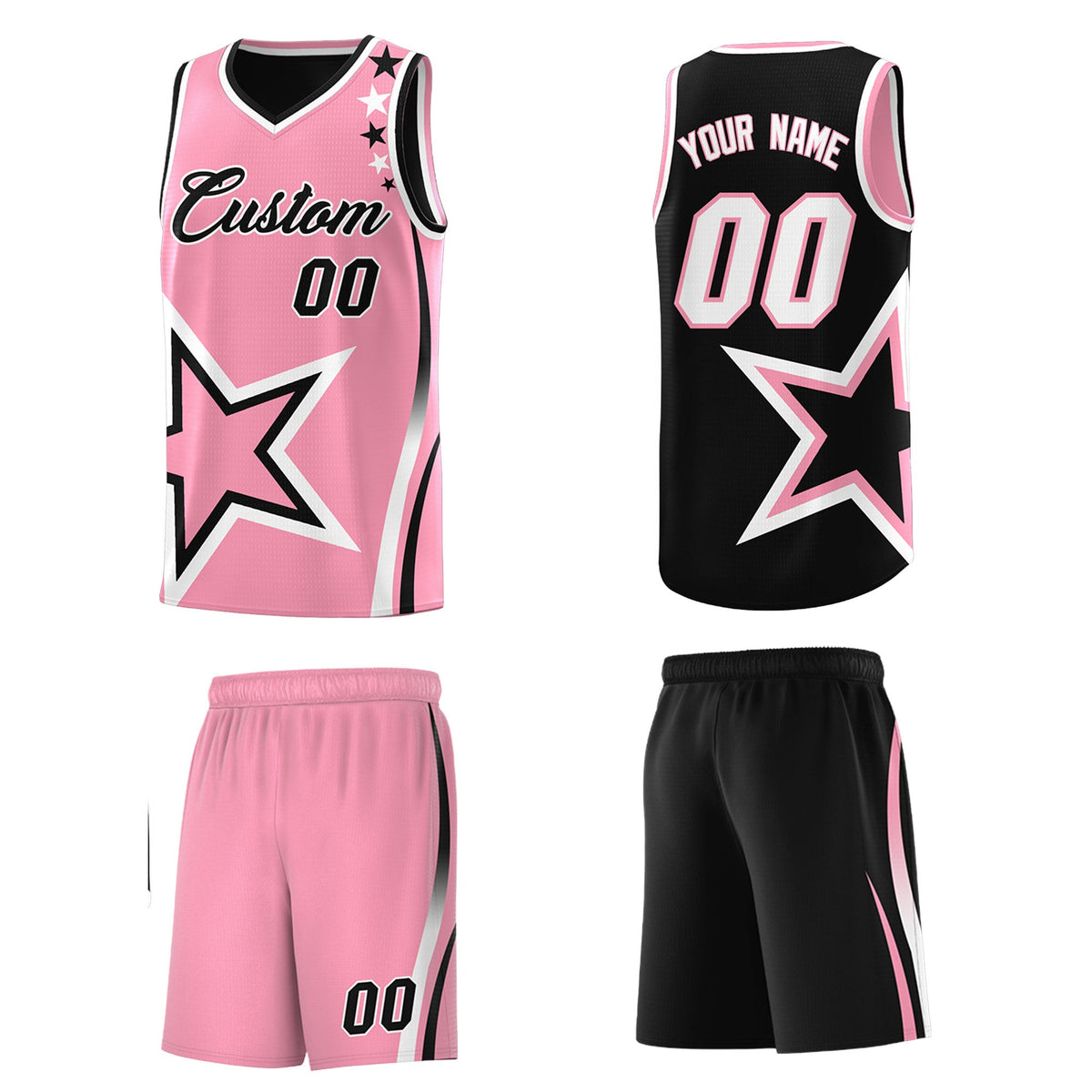 Custom Black Light Pink White Star Series Reversible Sets Basketball Jersey| KXKSHOP