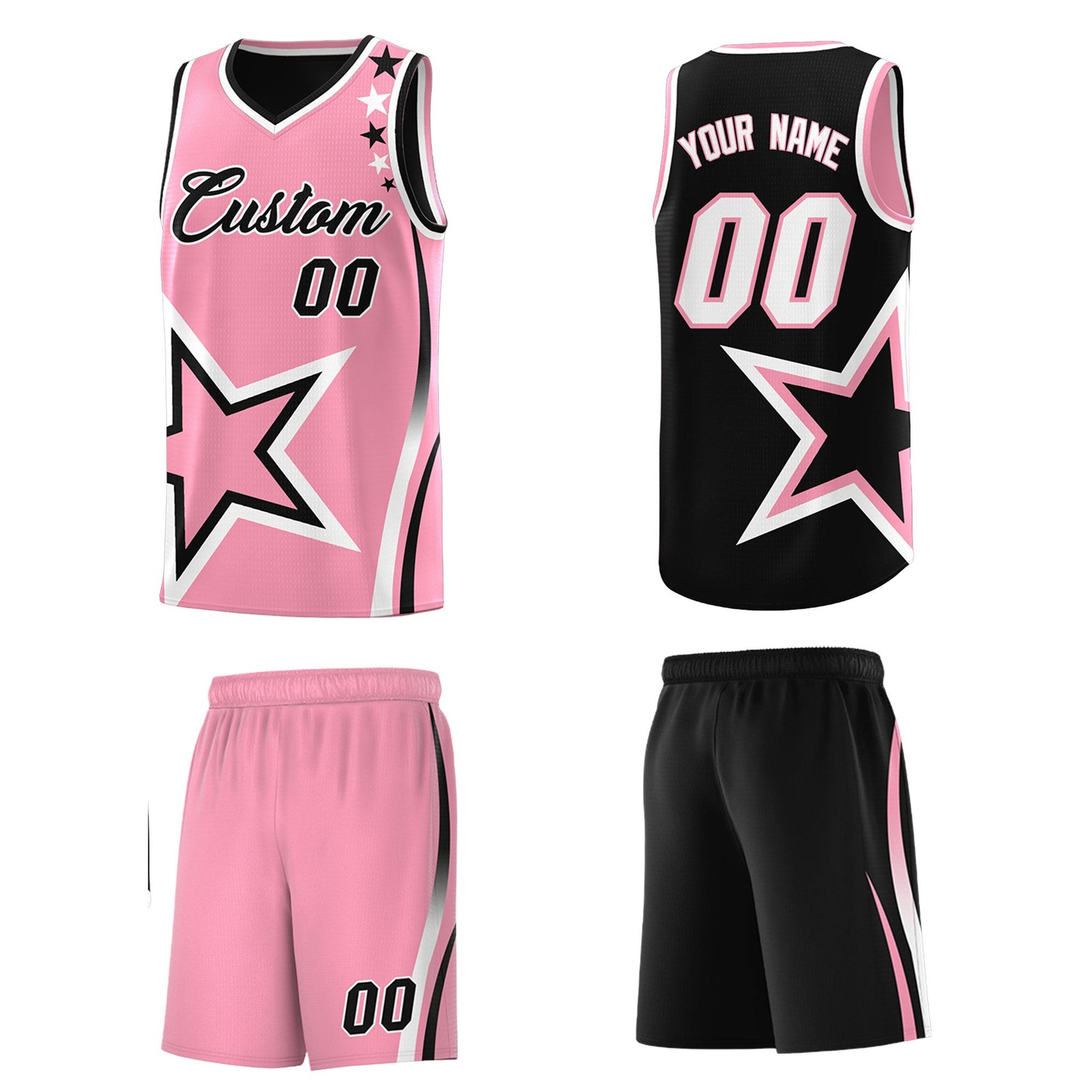Custom Black Light Pink White Star Series Reversible Sets Basketball Jersey| KXKSHOP