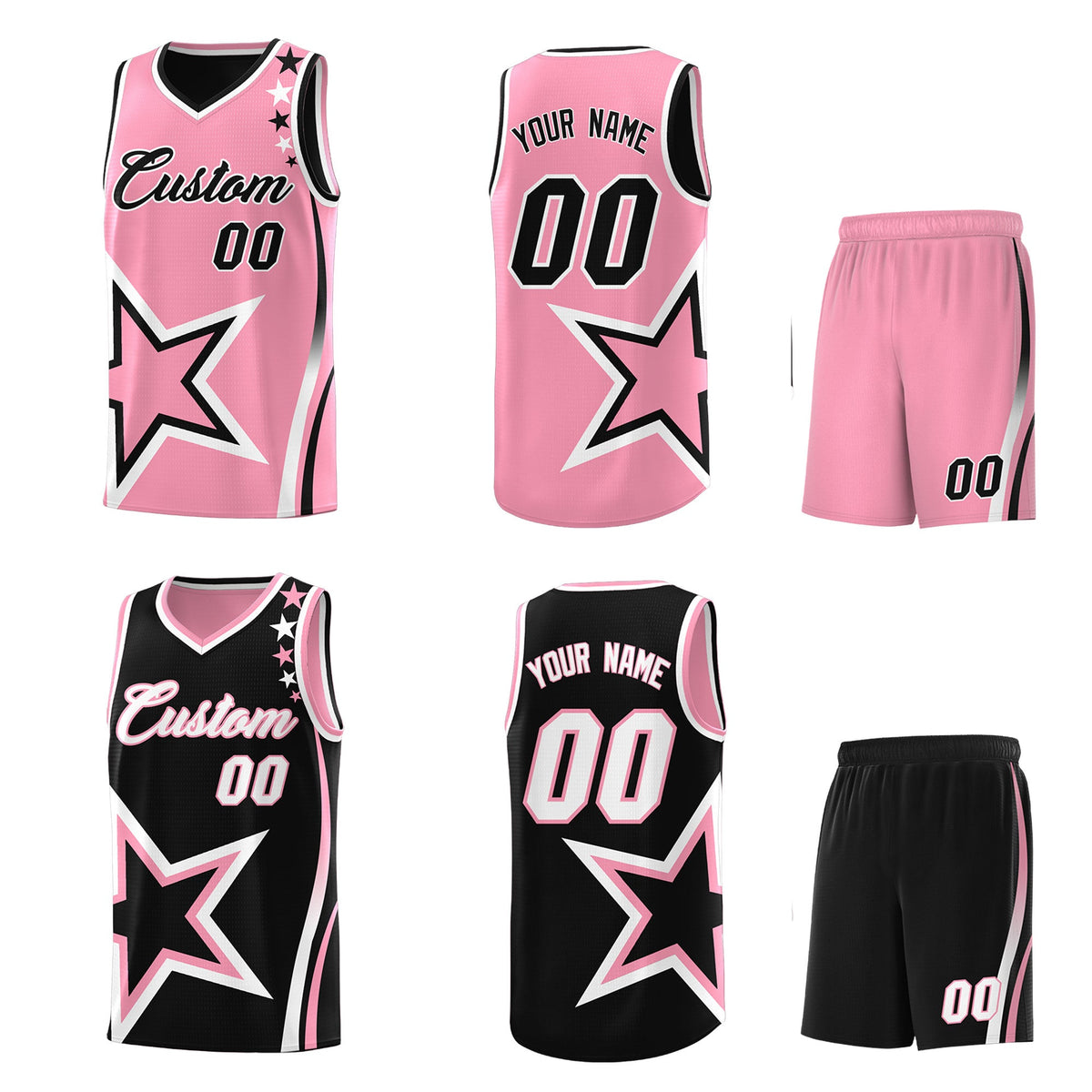 Custom Black Light Pink White Star Series Reversible Sets Basketball Jersey| KXKSHOP