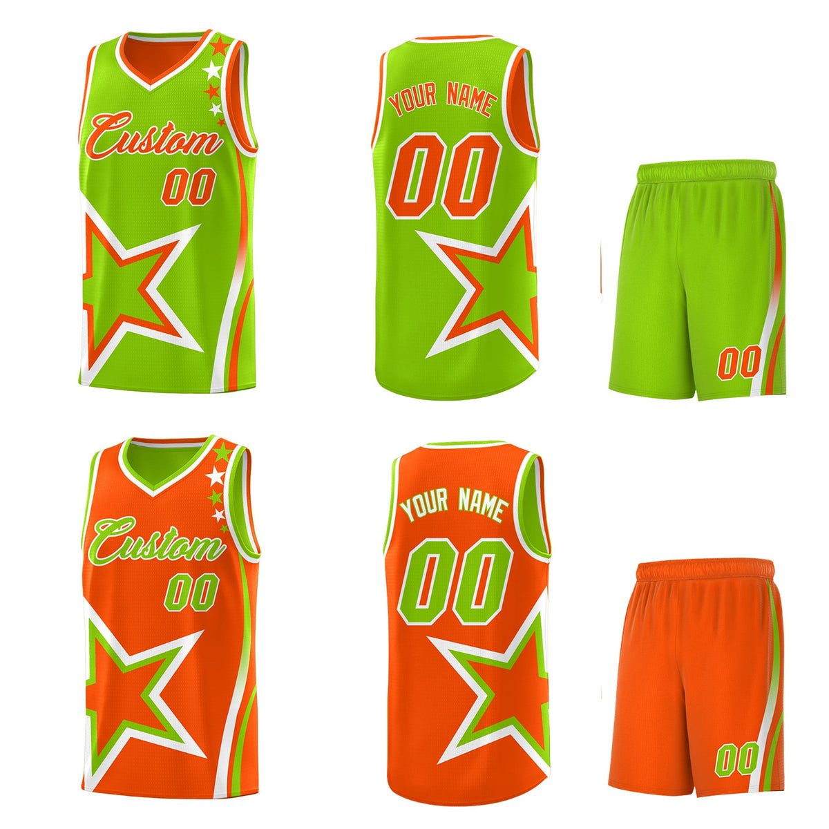 Custom Orange Neon Green White Star Series Reversible Sets Basketball Jersey| KXKSHOP