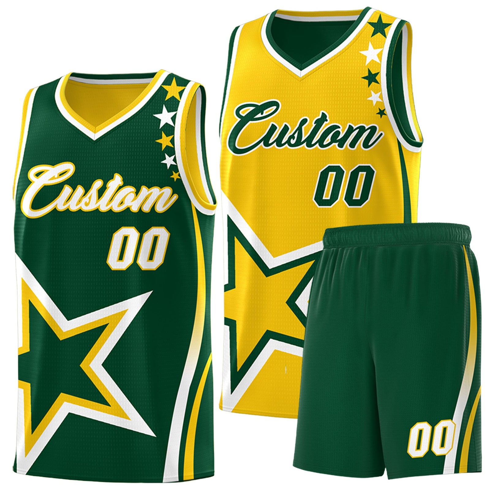 Custom Green Gold White Star Series Reversible Sets Basketball Jersey| KXKSHOP